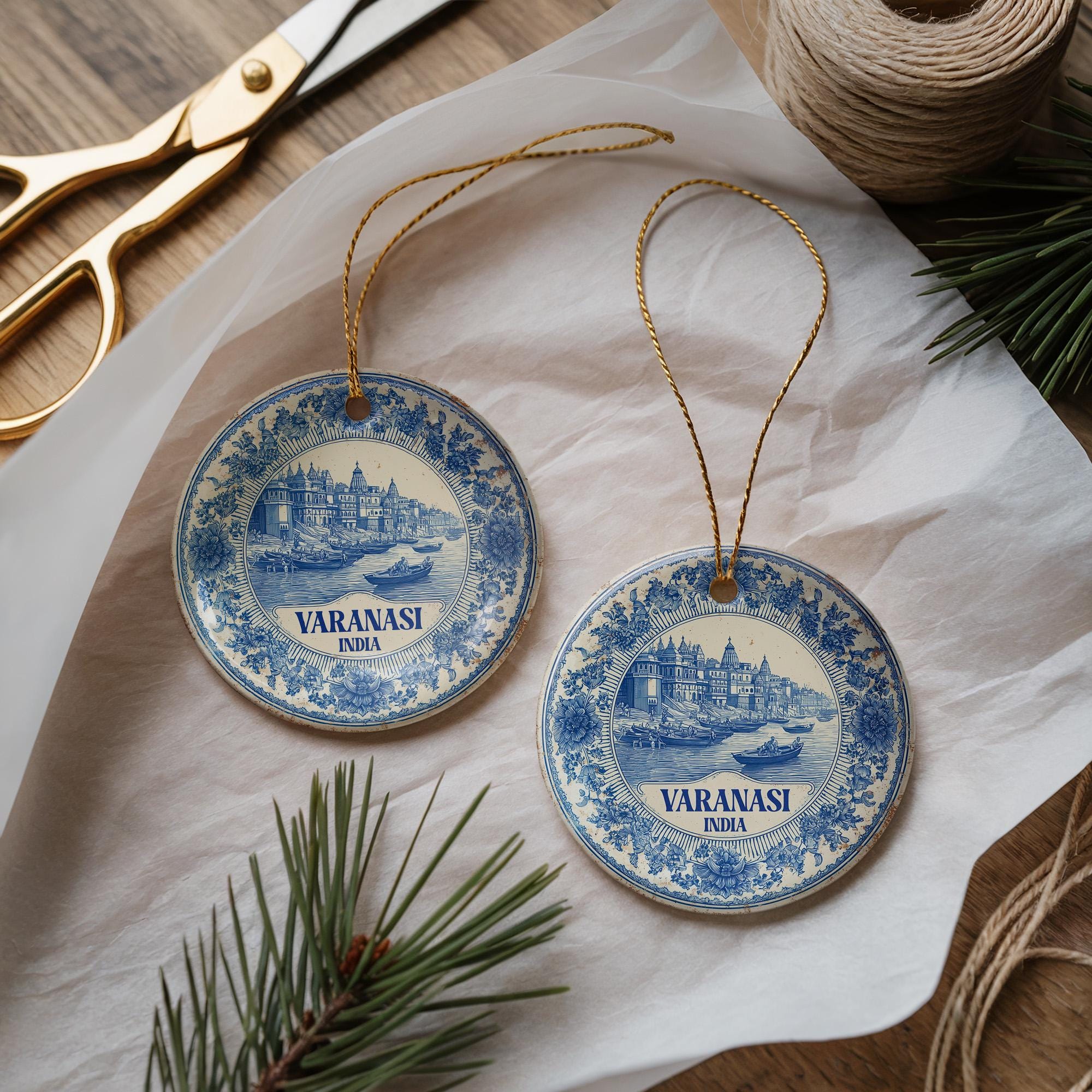 Custom Varanasi India Ceramic Delft Ornament, Christmas Delftware Blue Delftware city travel
