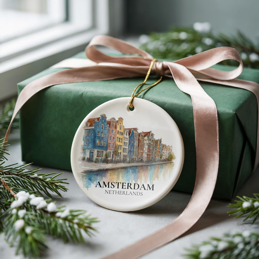 Amsterdam Netherlands Custom Watercolor Ornament, Personalized Ceramic Christmas gift, Travel Keepsake
