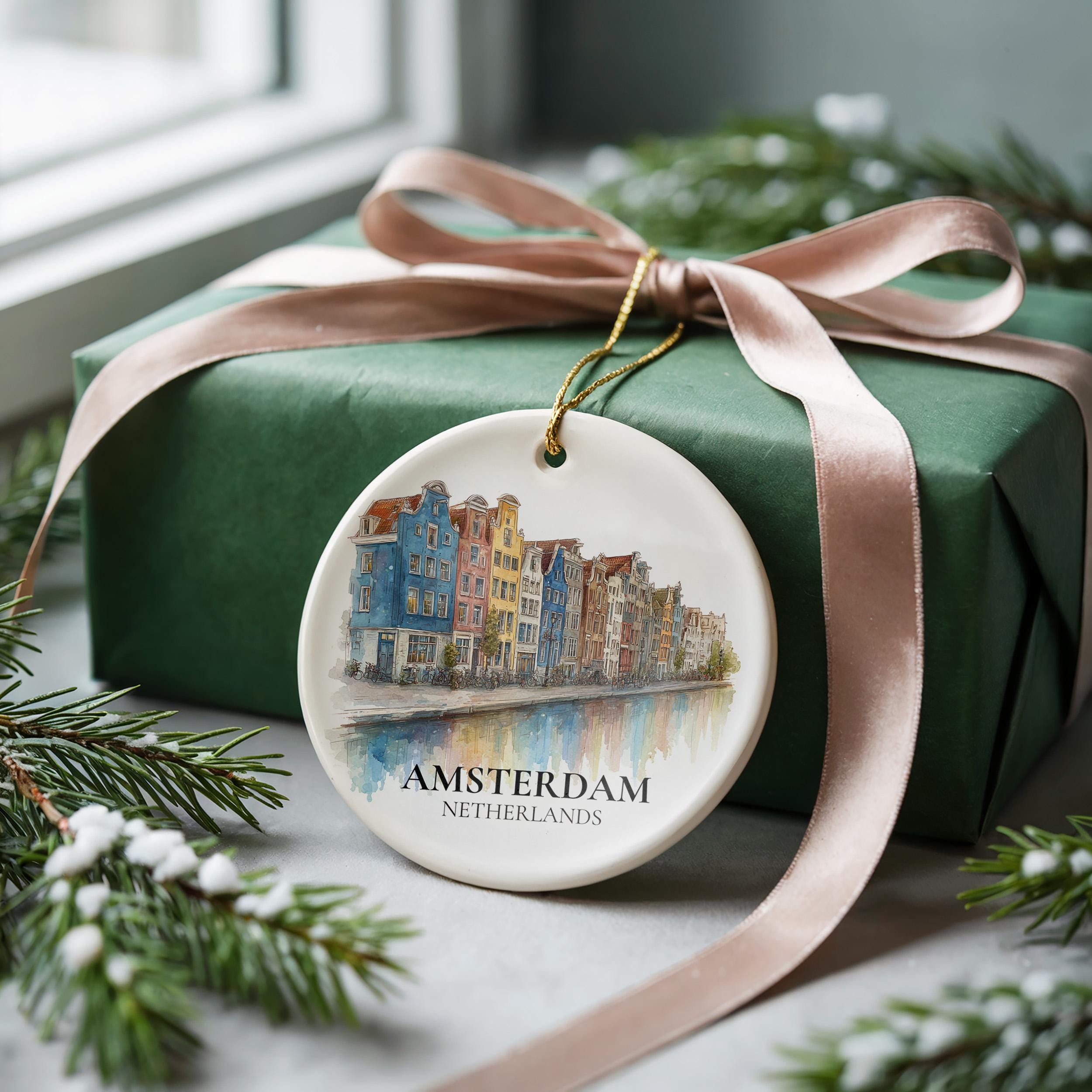 Amsterdam Netherlands Custom Watercolor Ornament, Personalized Ceramic Christmas gift, Travel Keepsake