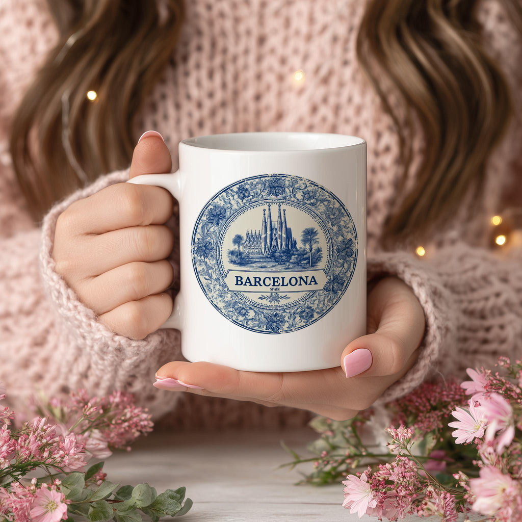 Barcelona Spain Mug, Custom Delft Style cup, Personalized Vintage Travel City Gift