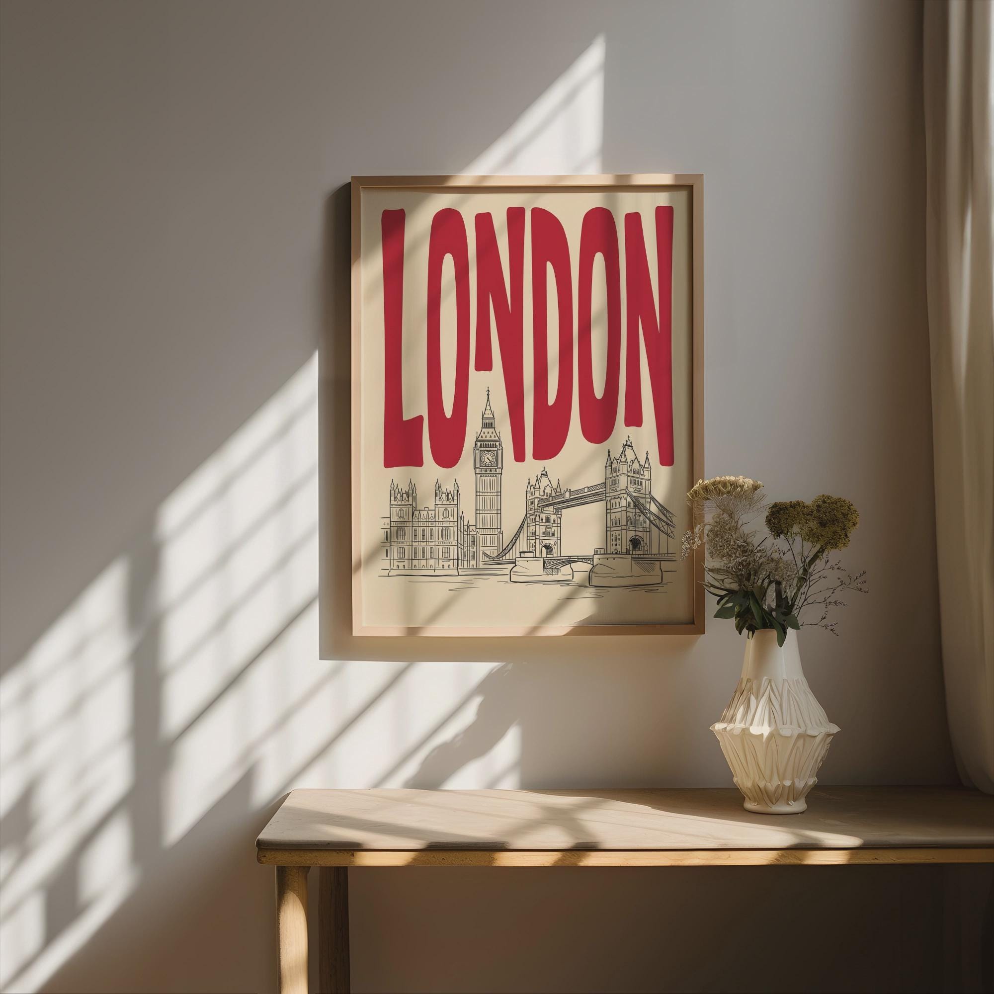 London Skyline Wall Minimalist Art, Framed Canvas Print, Big Ben Line Art Decor