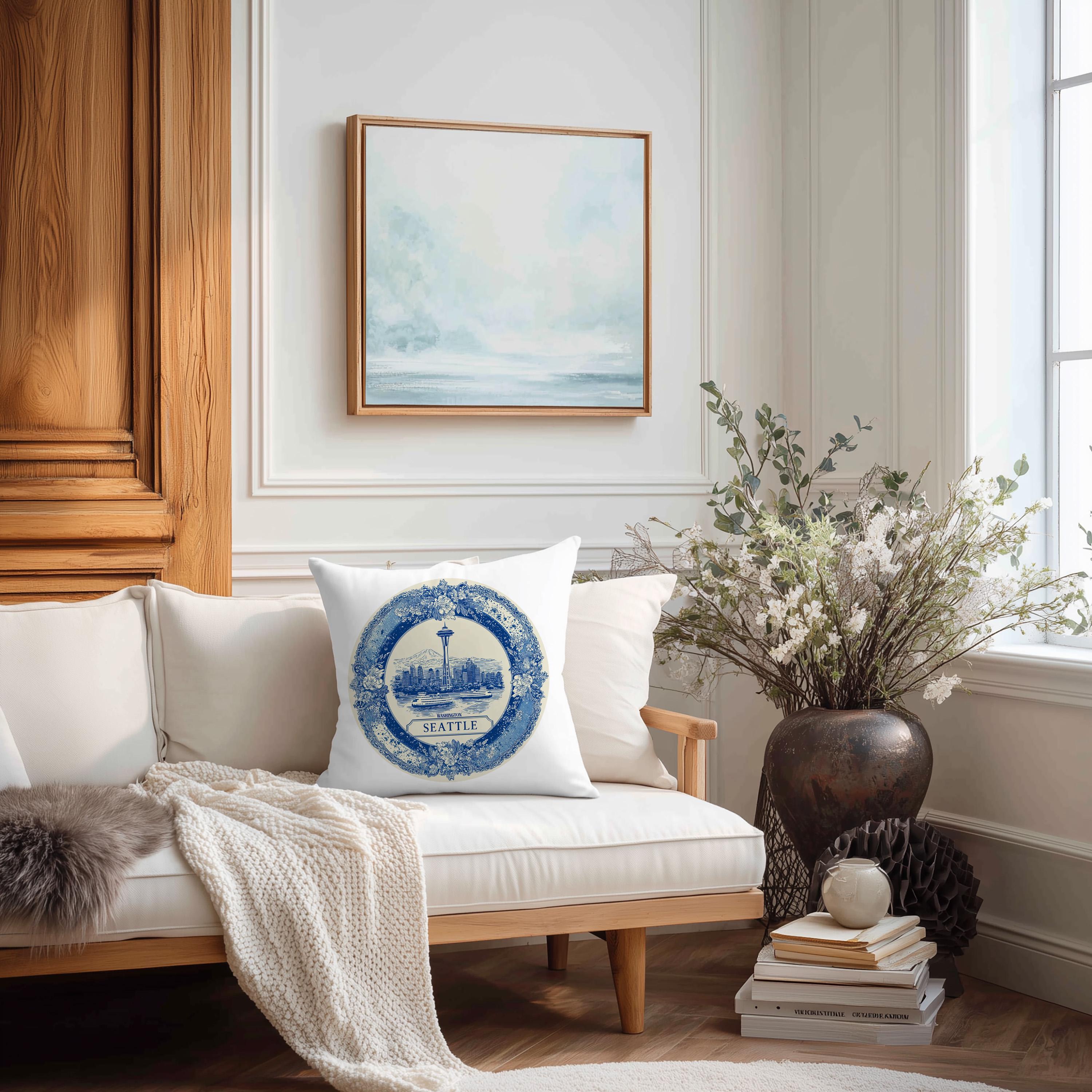 Seattle Washington Pillowcase, Delft Style Decorative Throw Pillow, Vintage Cityscape Retro Home Decor
