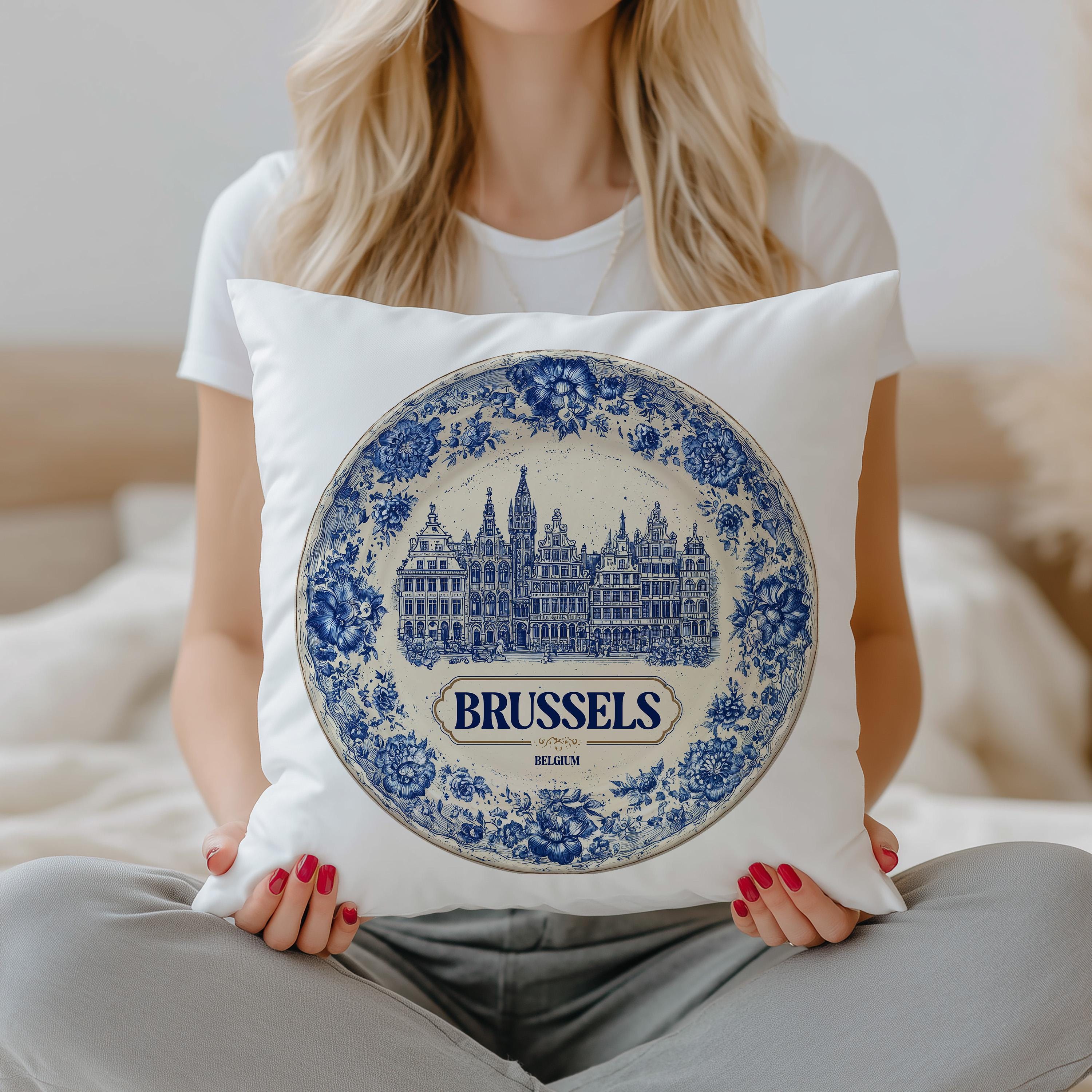 Brussels Belgium Pillowcase, Delft Style Decorative Throw Pillow, Vintage Cityscape Retro Home Decor