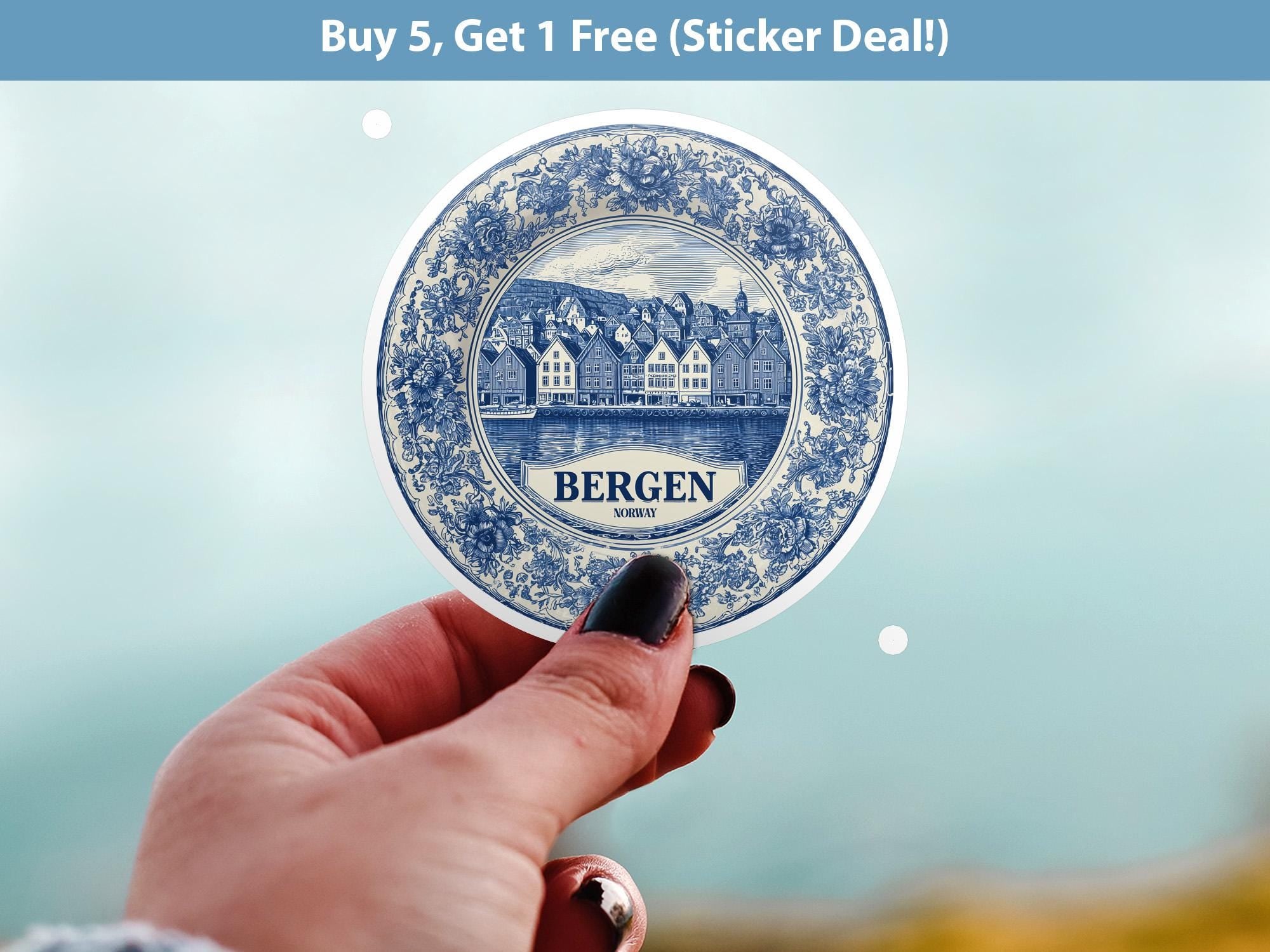 Bergen Norway Sticker Vintage Delft style, Delftware Decal Waterproof Vinyl, Blue City Travel