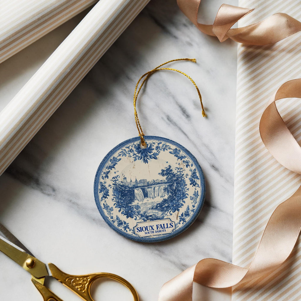 Custom Sioux Falls South Dakota Ceramic Delft Ornament, Christmas Delftware Blue Delftware city travel