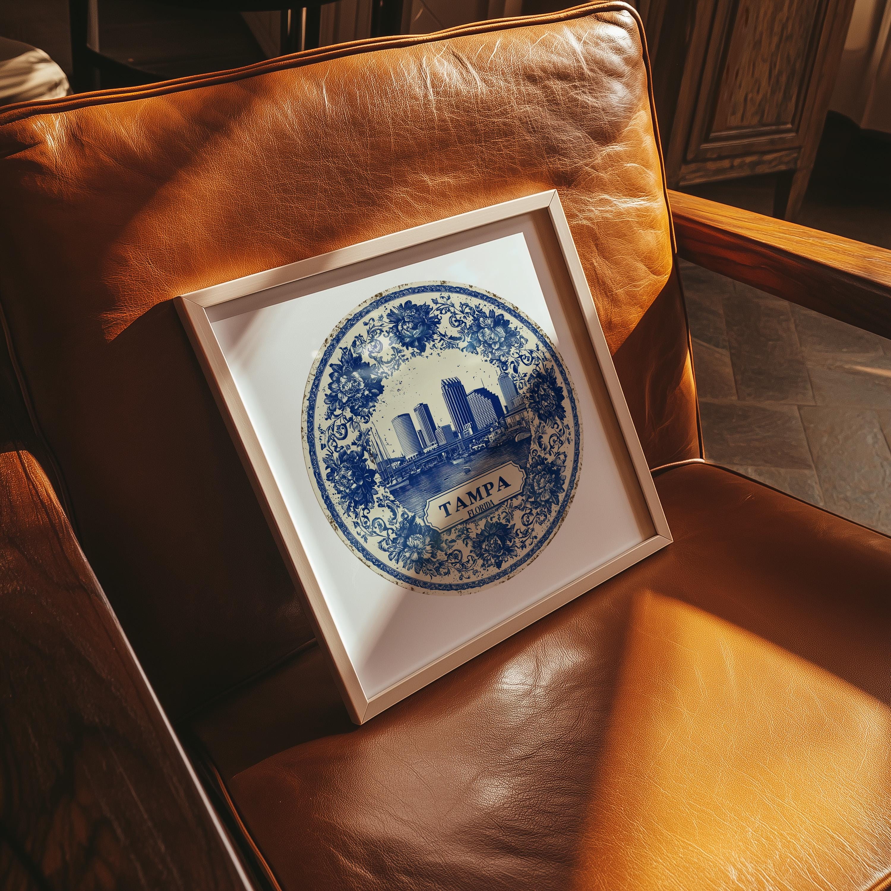 Tampa Florida Wall Art, Vintage Delft Blue Poster, City Print, Travel Home Decor