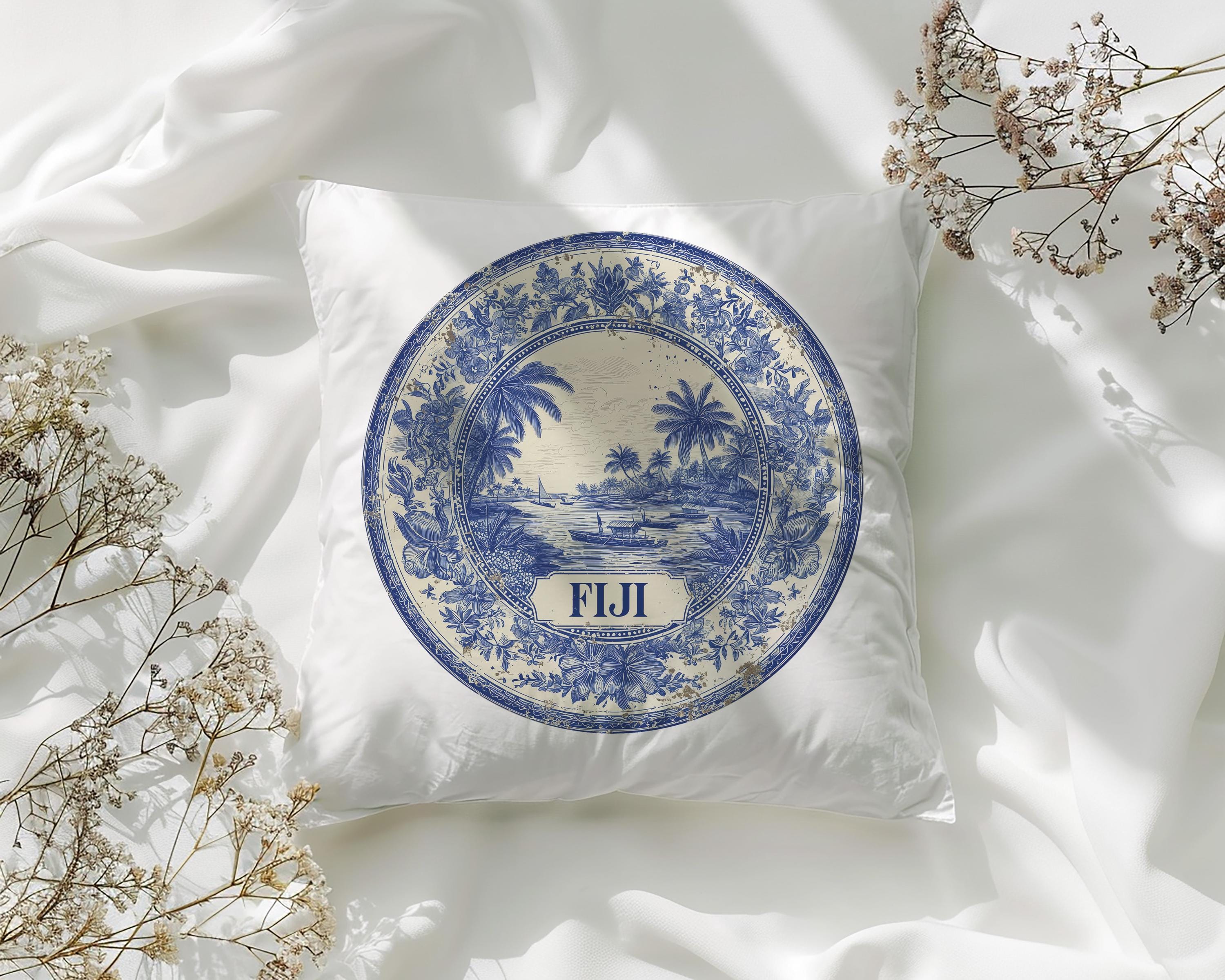 Fiji Pillowcase, Delft Style Decorative Throw Pillow, Vintage Cityscape Retro Home Decor