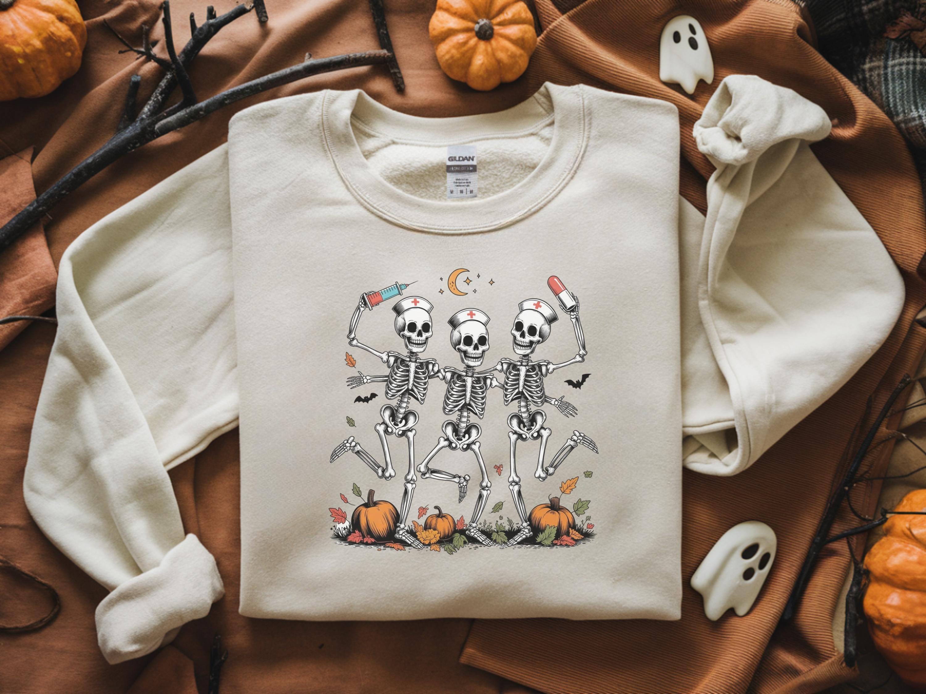 Dancing Skeleton Nurse Sweatshirt, Spooky Halloween Medical Tee