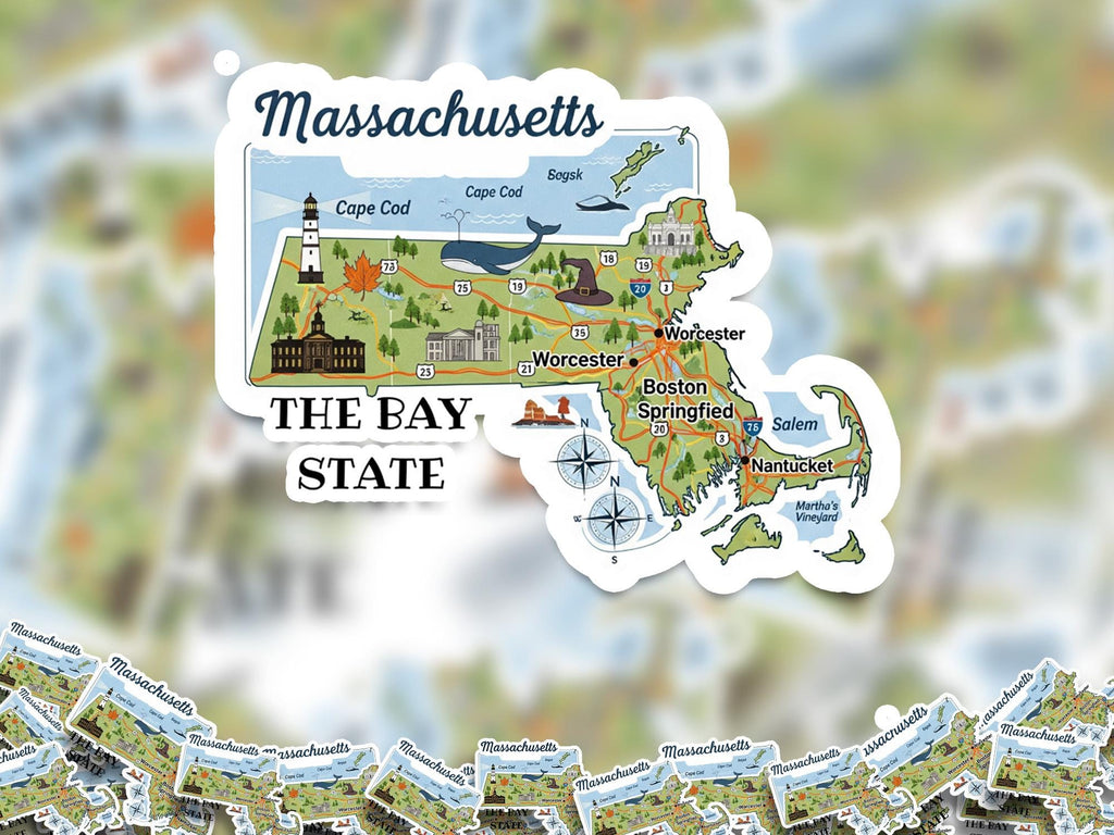 Massachusetts State Sticker, USA Kiss-Cut Vinyl, Landmark Waterproof Decal, United States Travel Collection