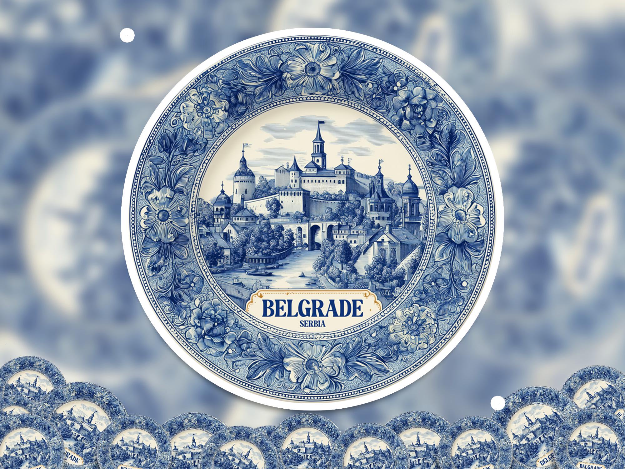 Belgrade Serbia Sticker Vintage Delft style, Delftware Decal Waterproof Vinyl, Blue City Travel