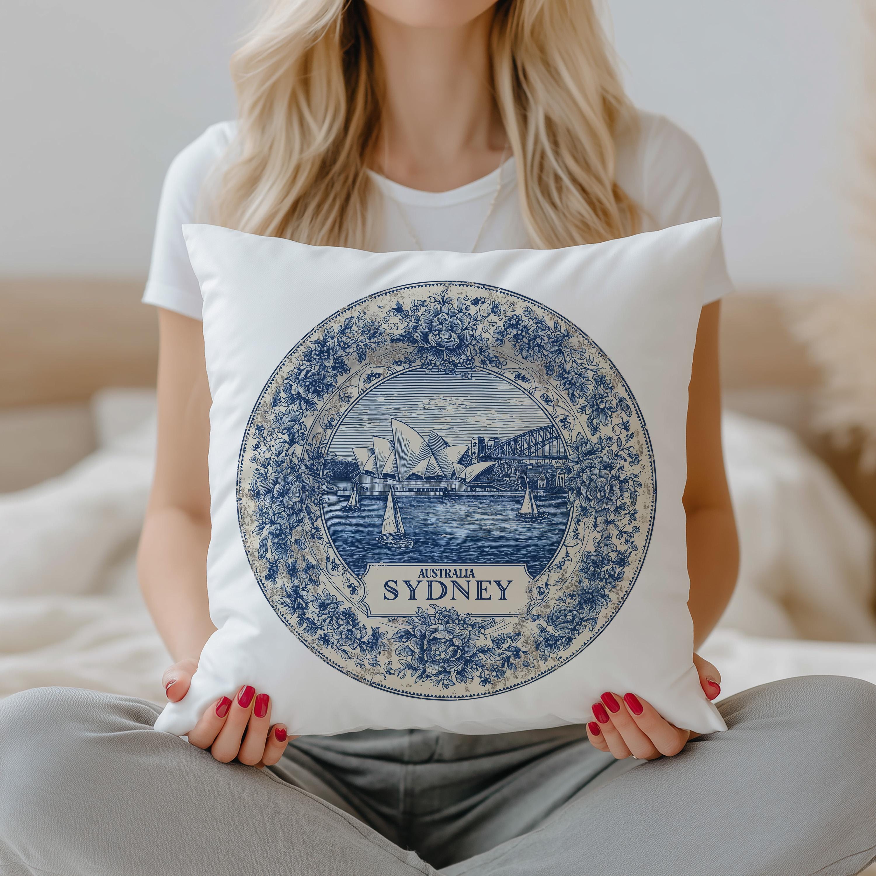 Sydney Australia Pillowcase, Delft Style Decorative Throw Pillow, Vintage Cityscape Retro Home Decor