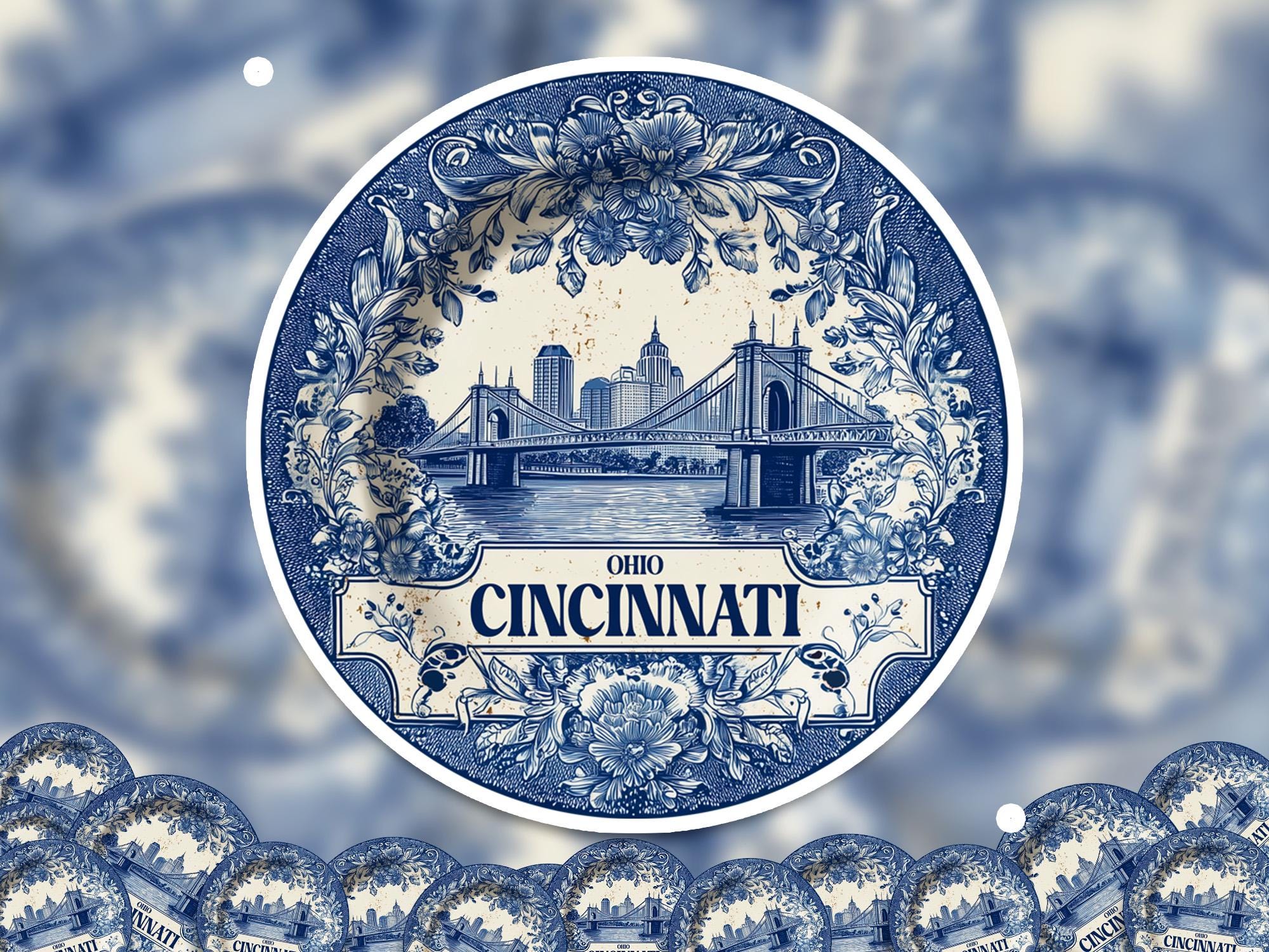Cincinnati Ohio Sticker Vintage Delft style, Delftware Decal Waterproof Vinyl, Blue City Travel USA