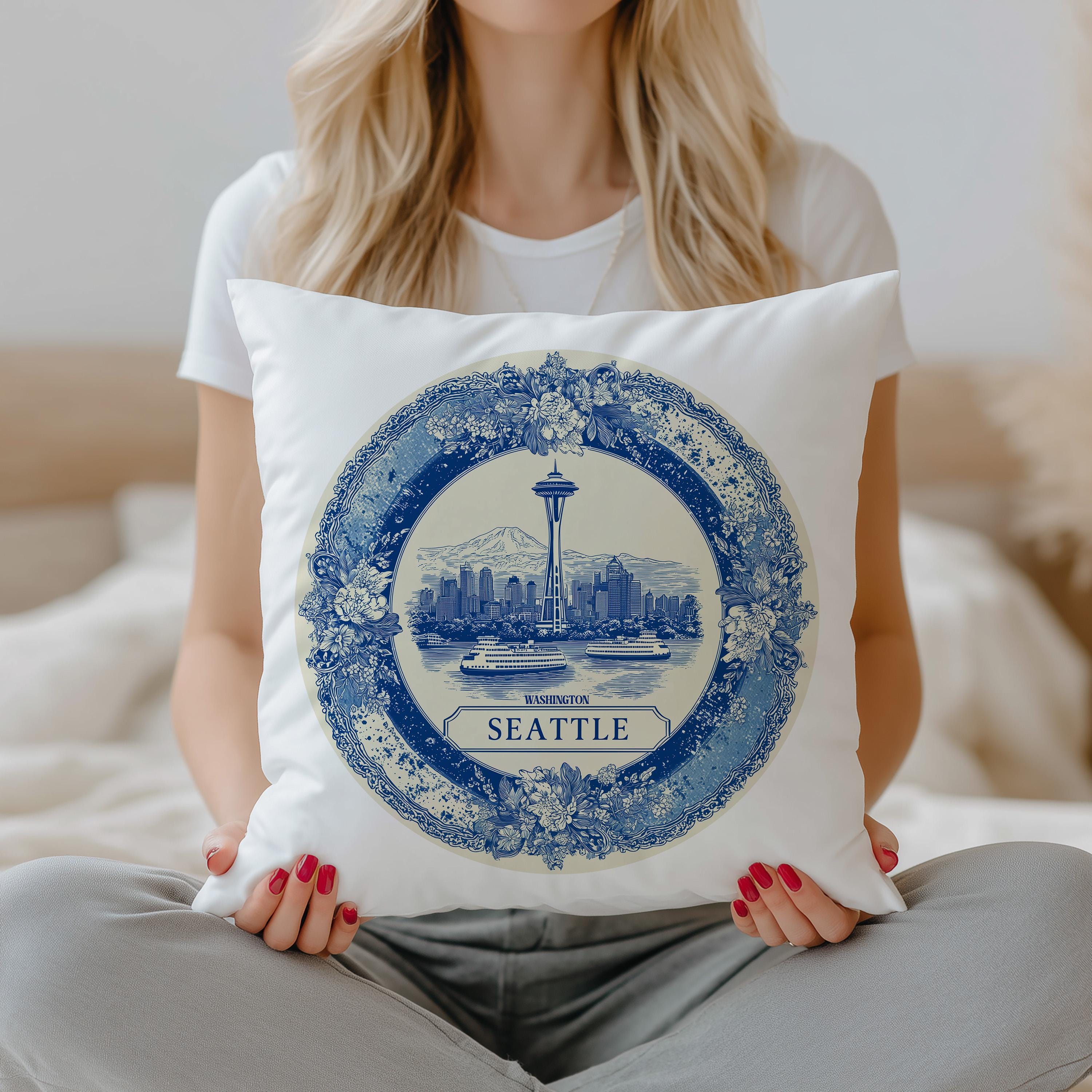 Seattle Washington Pillowcase, Delft Style Decorative Throw Pillow, Vintage Cityscape Retro Home Decor