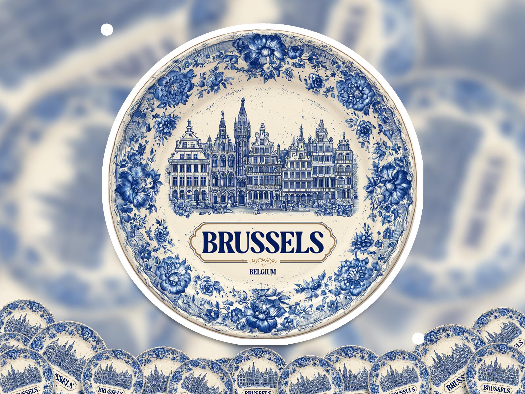 Brussels Belgium Sticker Vintage Delft style, Delftware Decal Waterproof Vinyl, Blue City Travel