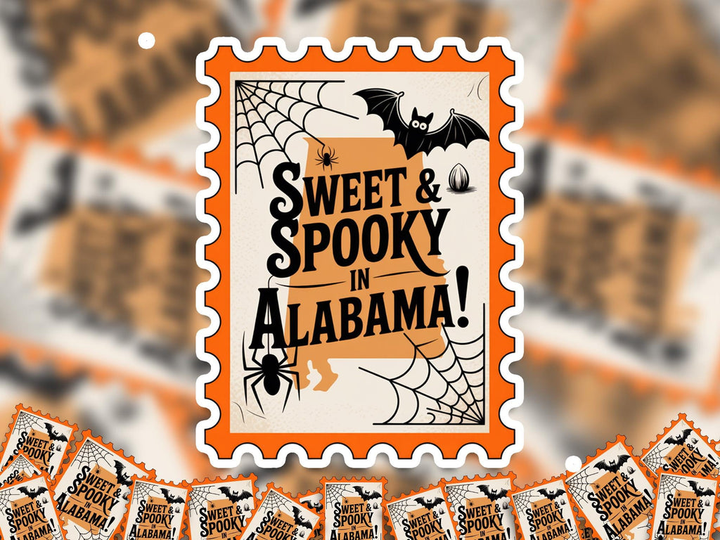 Alabama Stamp Halloween Sticker, Spooky USA Kiss-Cut Vinyl, Waterproof Decal, United States Travel