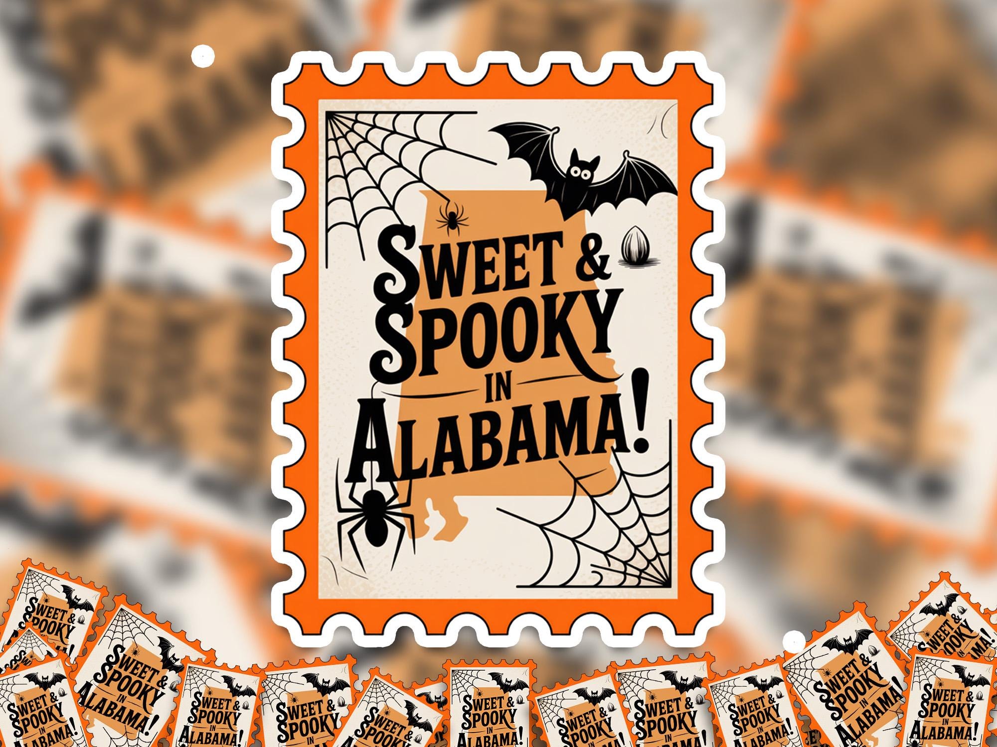 Alabama Stamp Halloween Sticker, Spooky USA Kiss-Cut Vinyl, Waterproof Decal, United States Travel