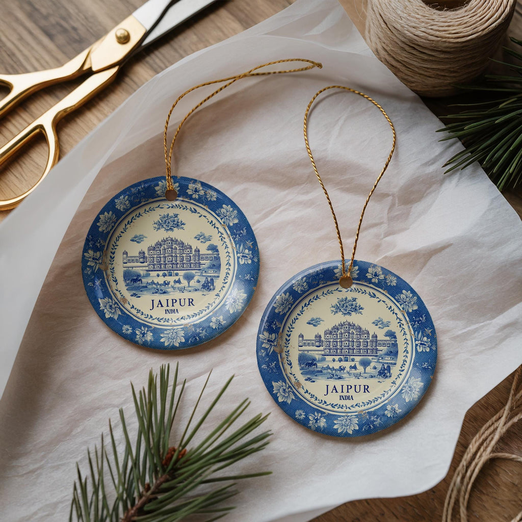 Custom Jaipur India Ceramic Delft Ornament, Christmas Delftware Blue Delftware city travel