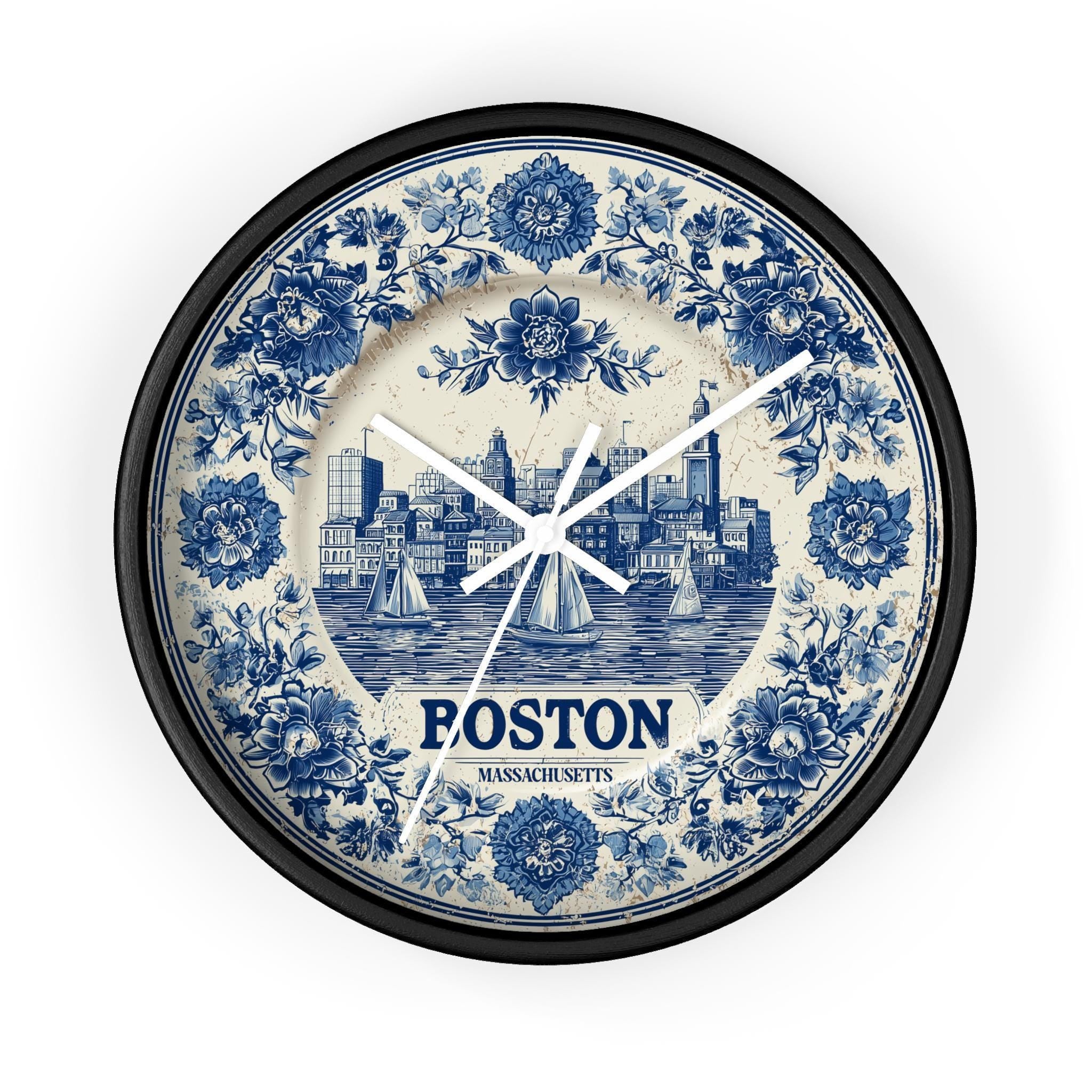 Boston Massachusetts Wall Clock, Delf style Home Decor, Vintage City Travel Keepsake Art