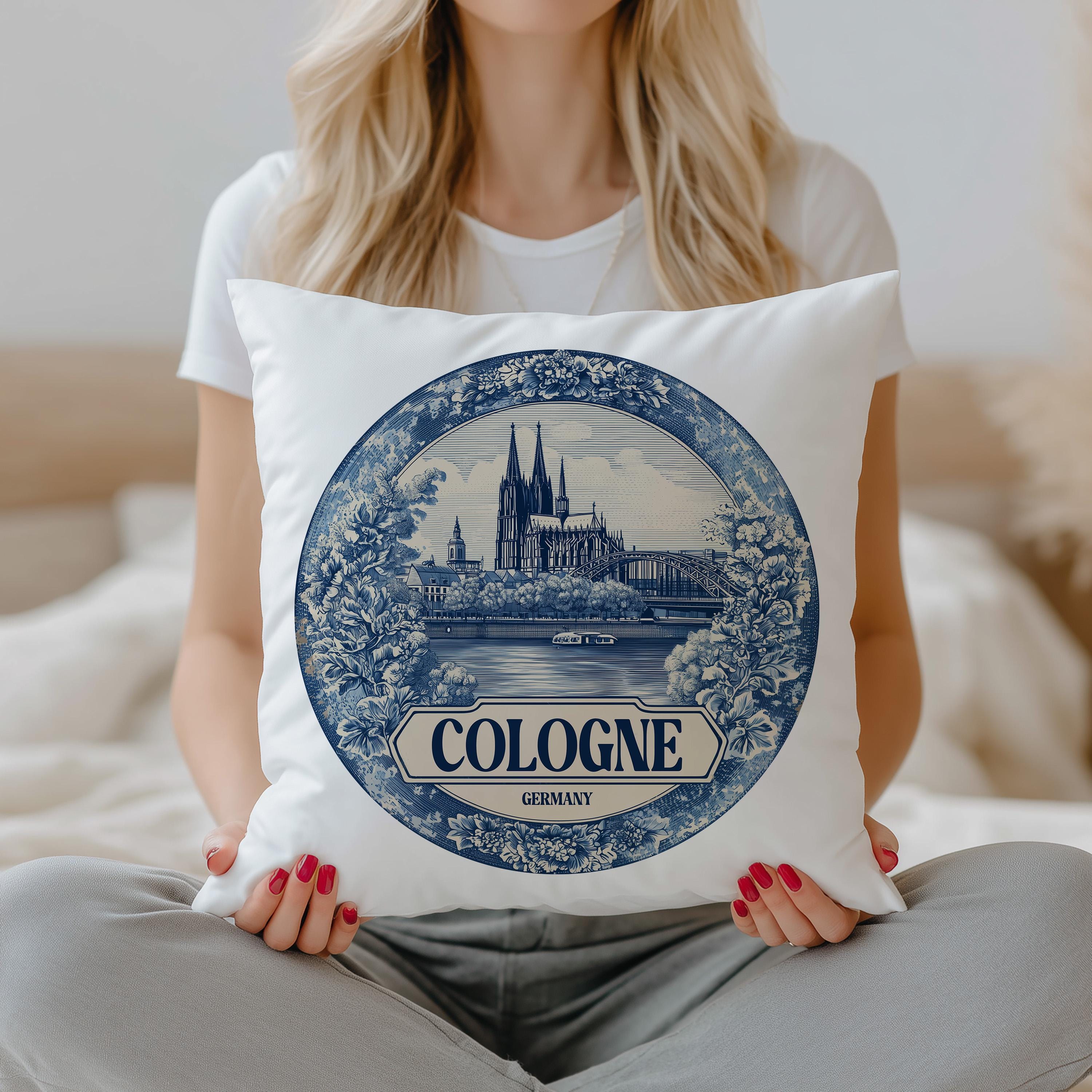 Cologne Germany Pillowcase, Delft Style Decorative Throw Pillow, Vintage Cityscape Retro Home Decor