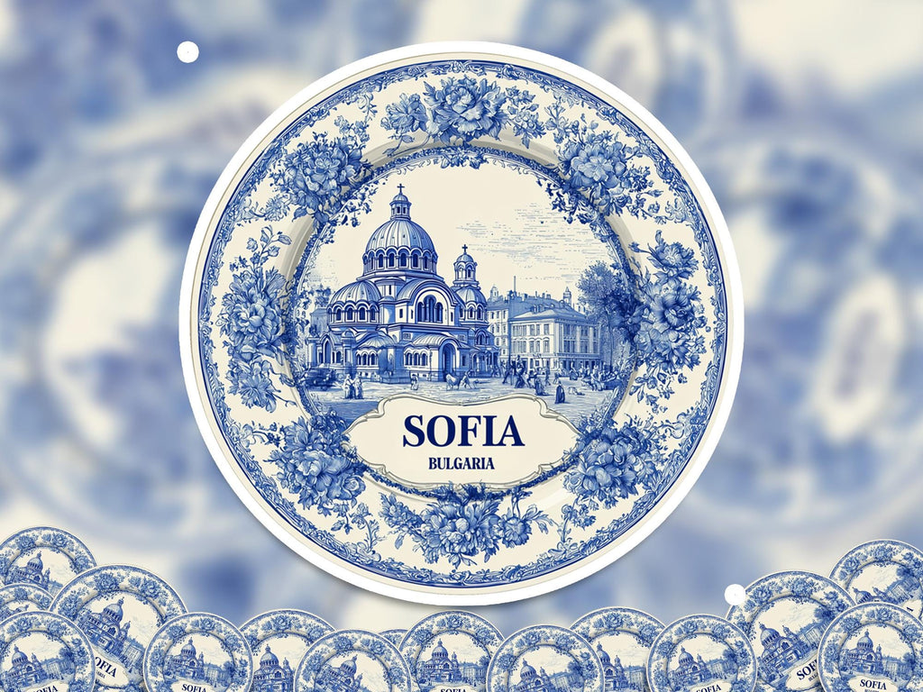 Sofia Bulgaria Sticker Vintage Delft style, Delftware Decal Waterproof Vinyl, Blue City Travel