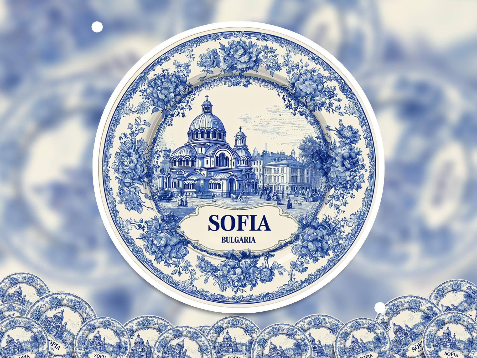 Sofia Bulgaria Sticker Vintage Delft style, Delftware Decal Waterproof Vinyl, Blue City Travel