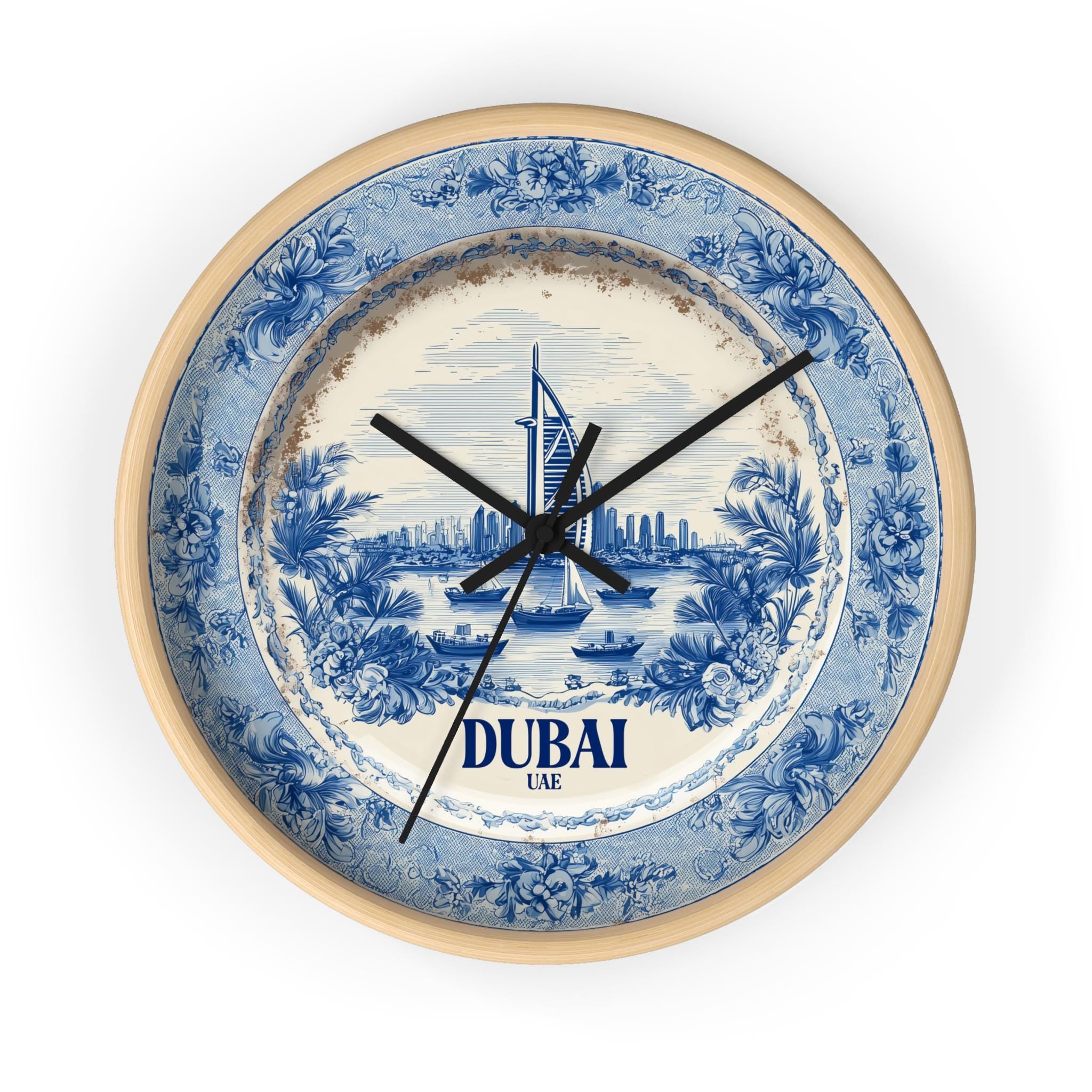 Dubai UAE Wall Clock, Delf style Home Decor, Vintage City Travel Keepsake Art