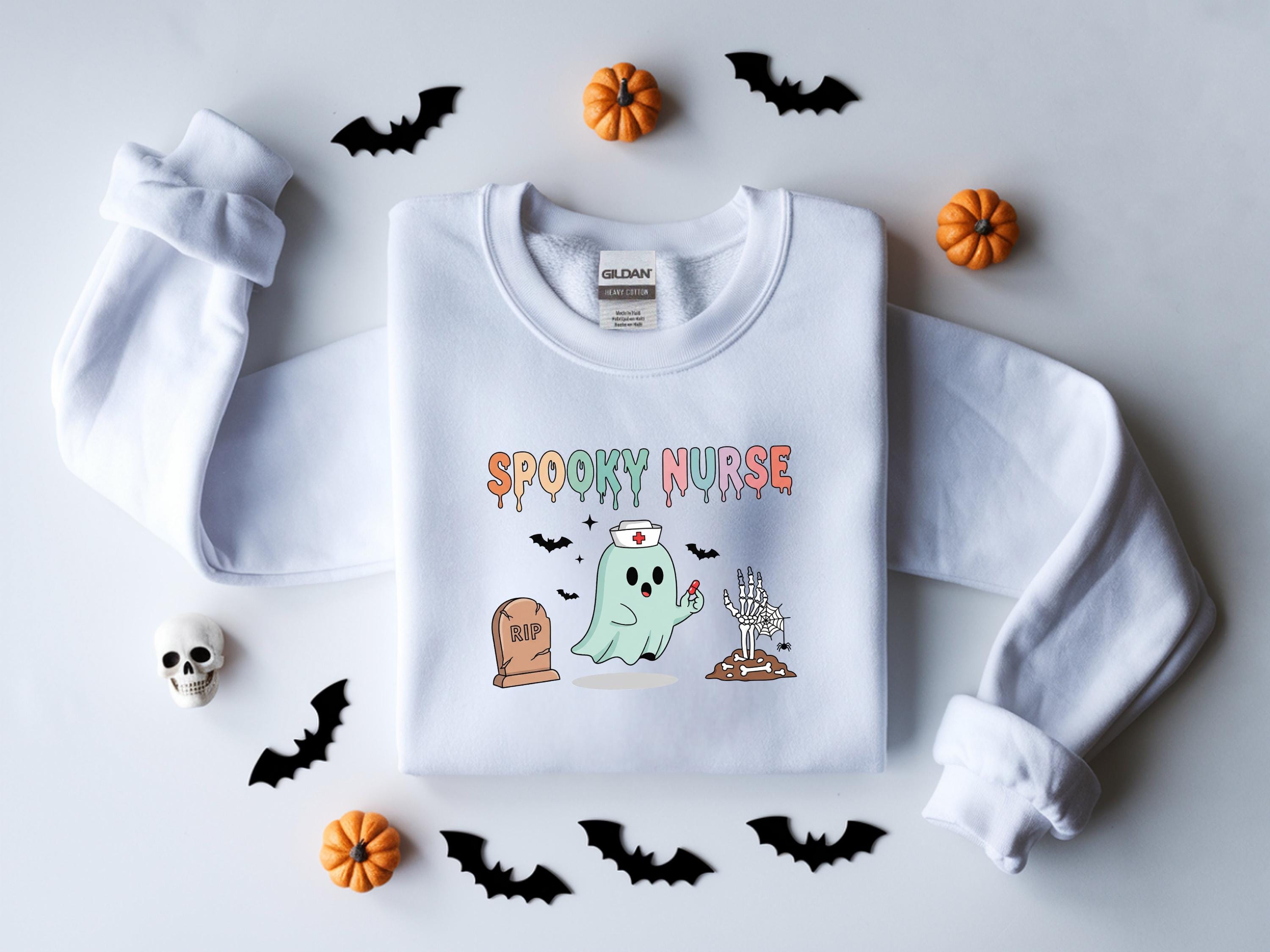 Spooky Nurse Halloween Sweatshirt, Cute Ghost Halloween Gift for Nurse Medical Lab, Nurse Spooky , Nurse Halloween Boo Boo Crew