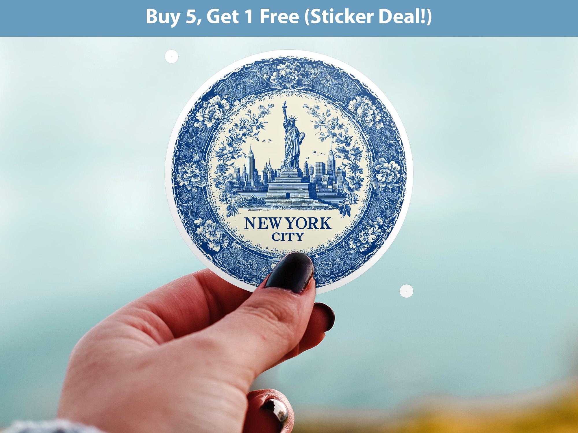 New York City Sticker Vintage Delft style, Delftware Decal Waterproof Vinyl, Blue City Travel
