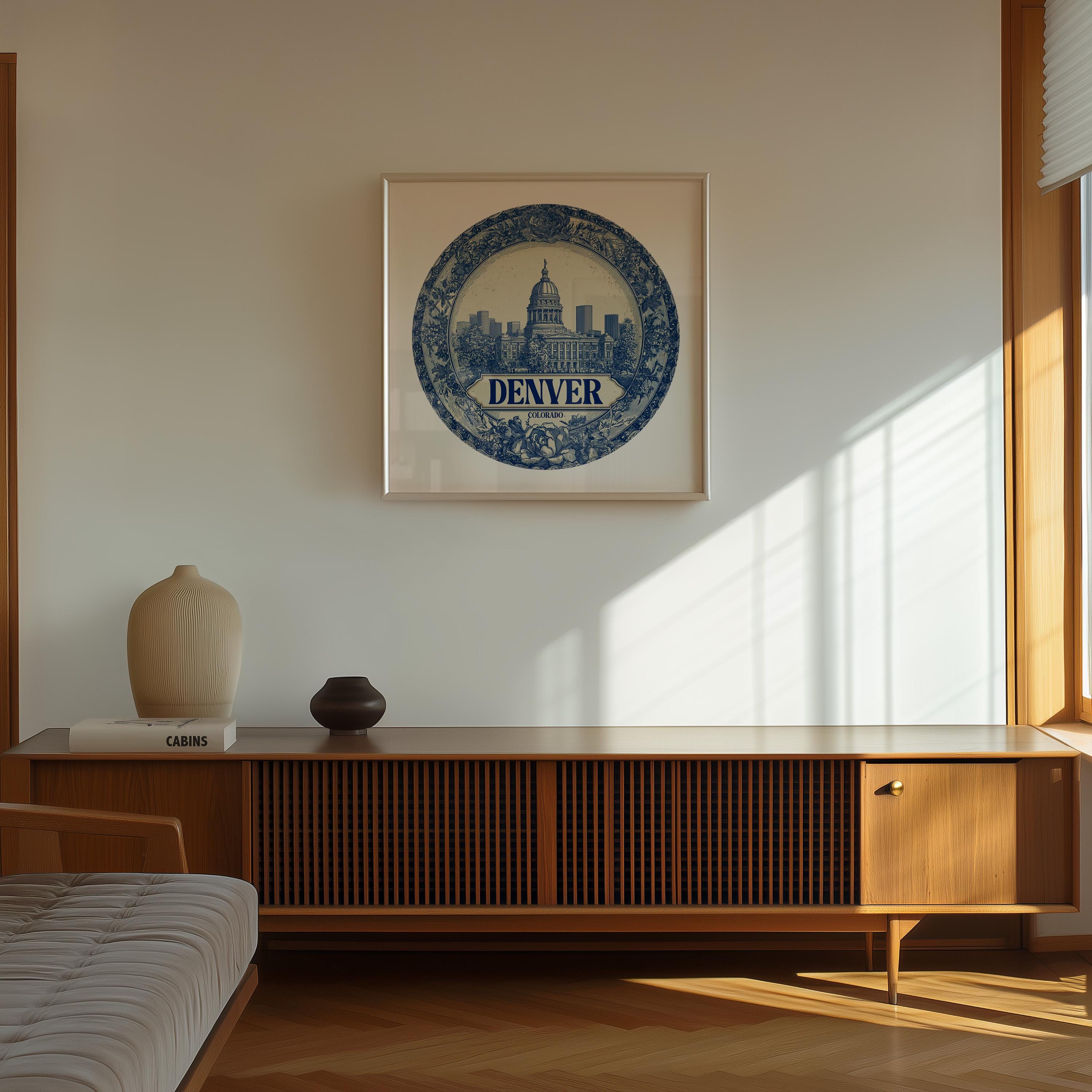 Denver Colorado Wall Art, Vintage Delft Blue Poster, City Print, Travel Home Decor