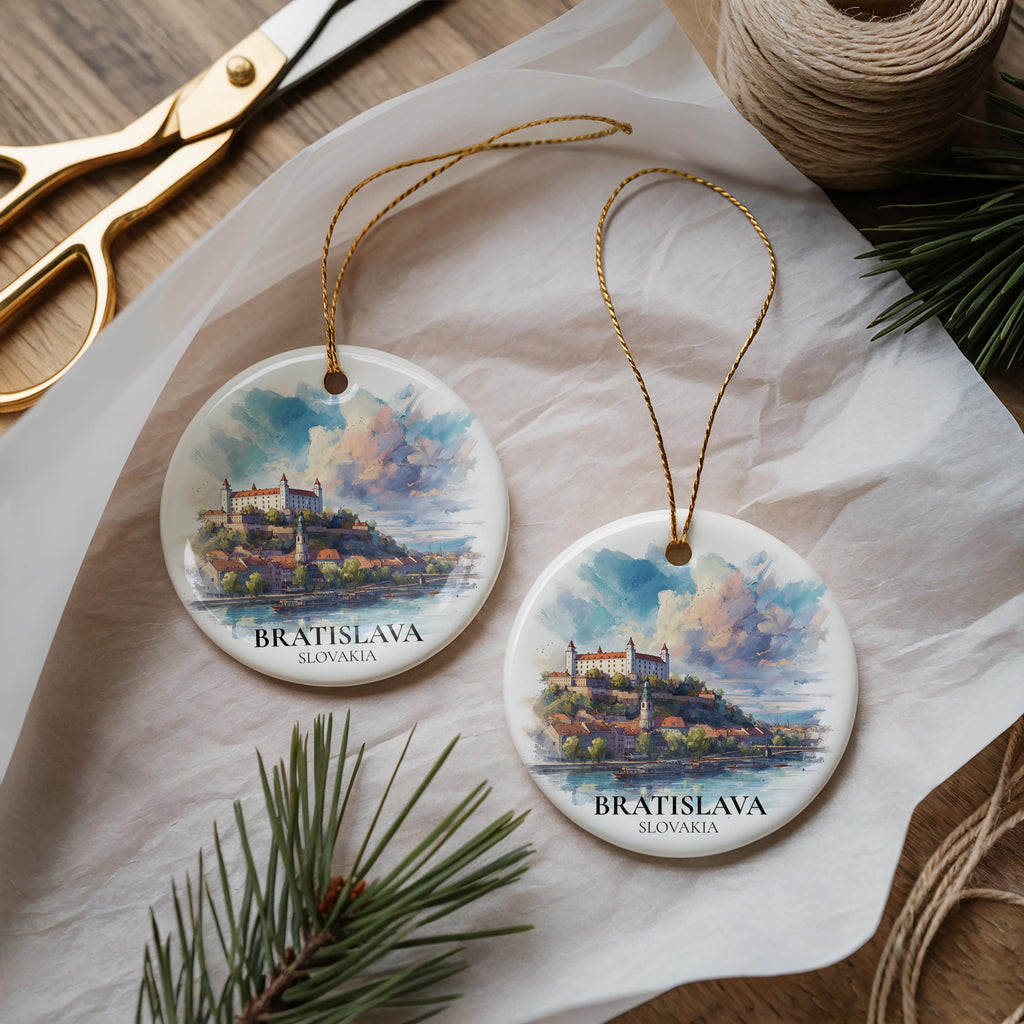 Bratislava Slovakia Personalized Watercolor Ornament, Custom Ceramic Christmas gift, Travel Keepsake