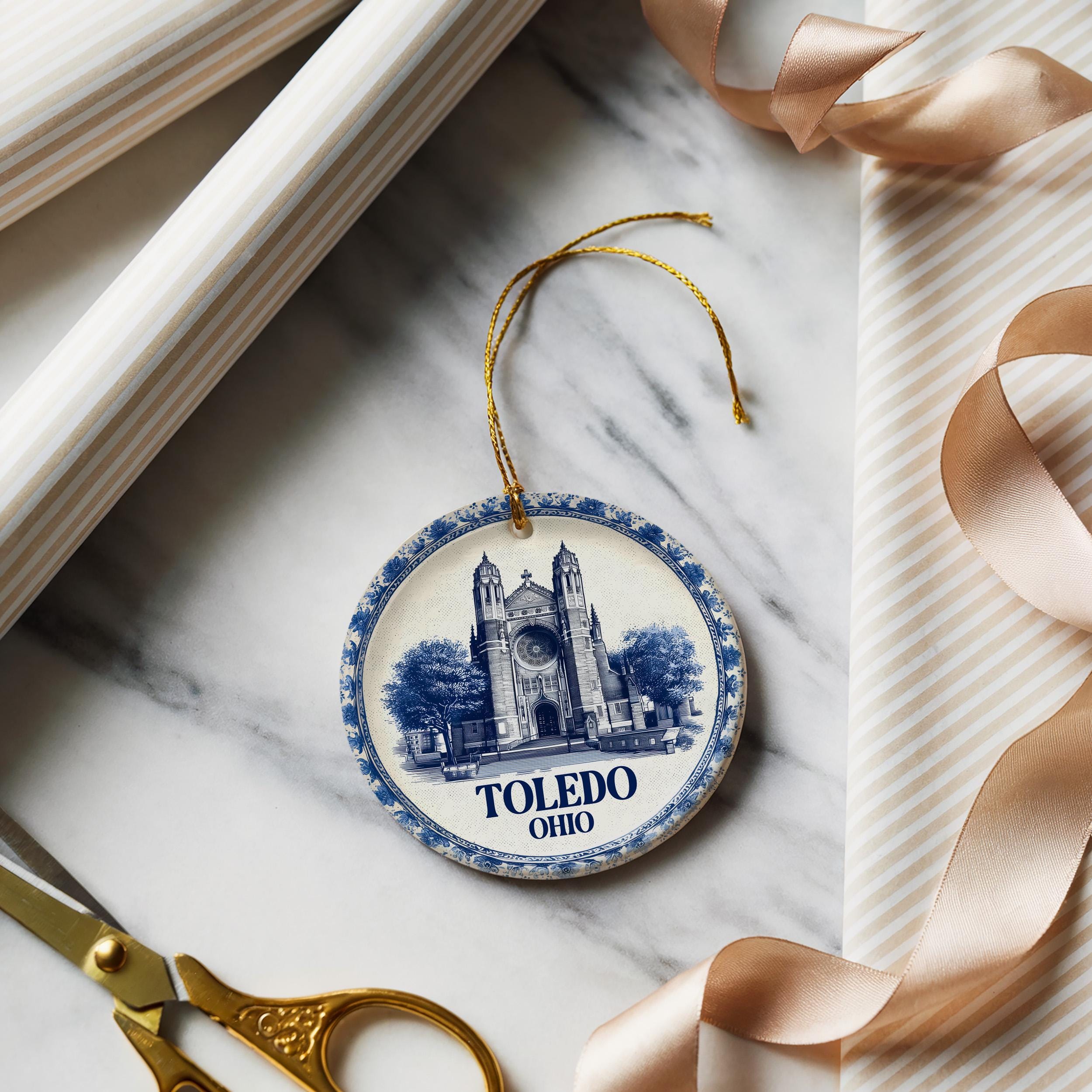 Custom Toledo Ohio Ceramic Delft Ornament, Christmas Delftware Blue Delftware city travel