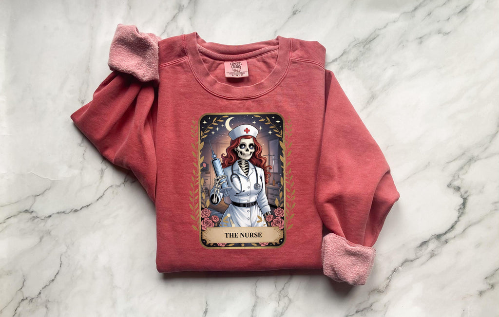 Skeleton Nurse Halloween Sweatshirt, Spooky Gothic Tarot Card Pullover, Creepy RN Medical Apparel, Retro Witchy Fall Top, Gift for Nurse