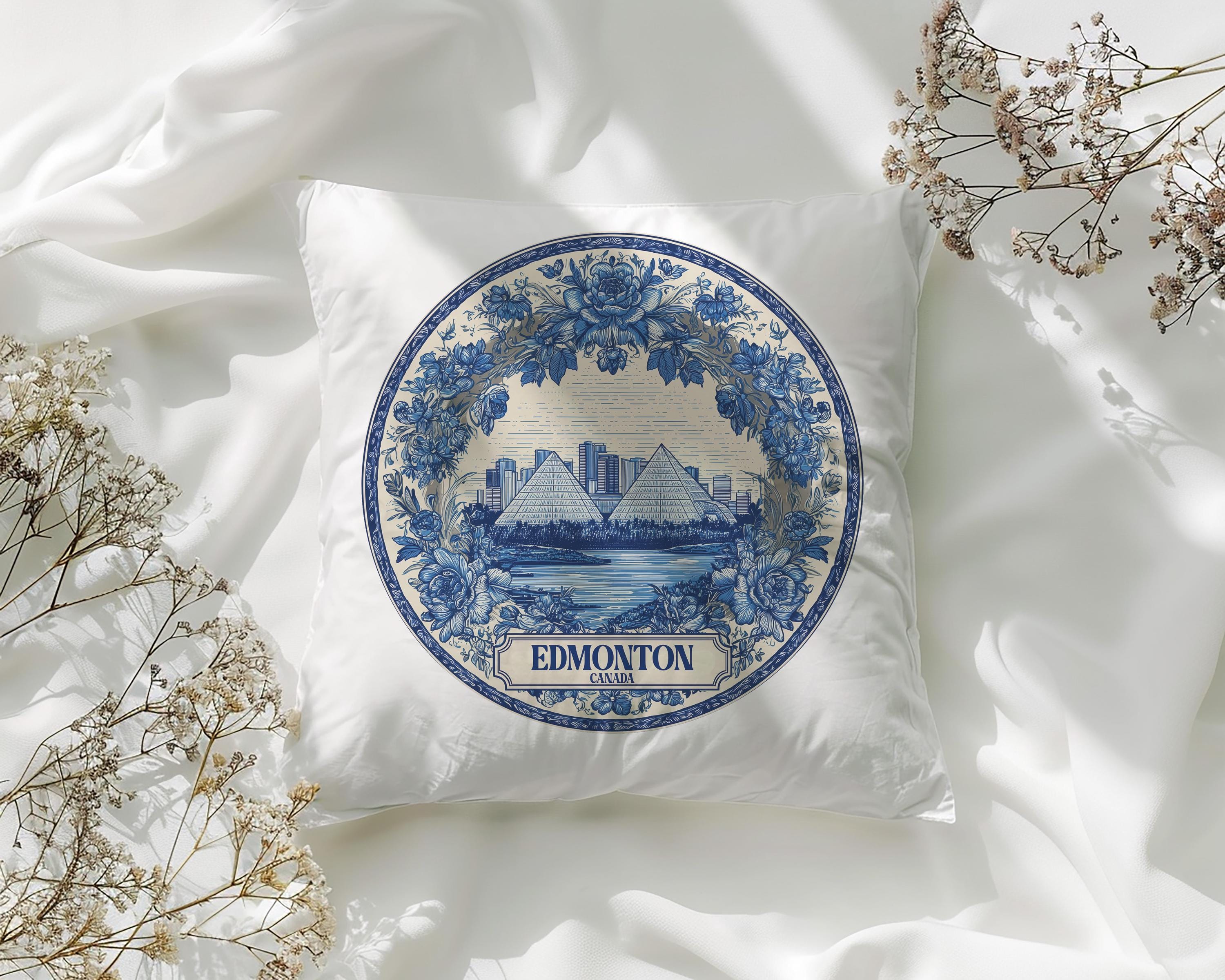 Edmonton Canada Pillowcase, Delft Style Decorative Throw Pillow, Vintage Cityscape Retro Home Decor