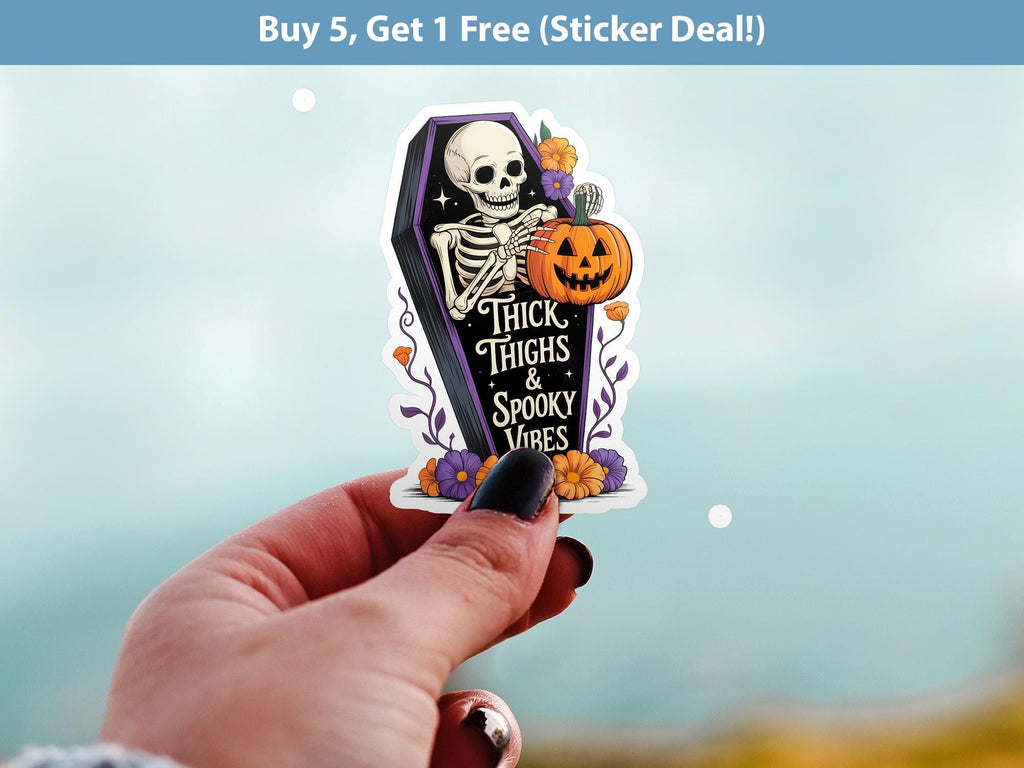 Thick Thighs & Spooky Vibes Sticker, Halloween Spooky Kiss-Cut Vinyl, Skeleton Waterproof Decal