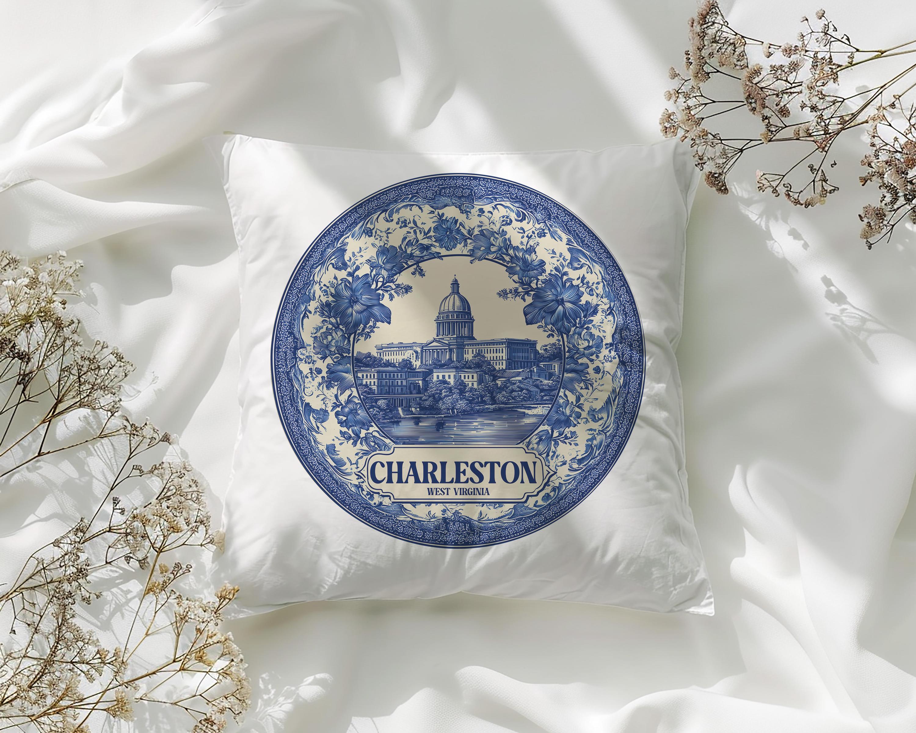 Charleston West Virginia Pillowcase, Delft Style Decorative Throw Pillow, Vintage Cityscape Retro Home Decor