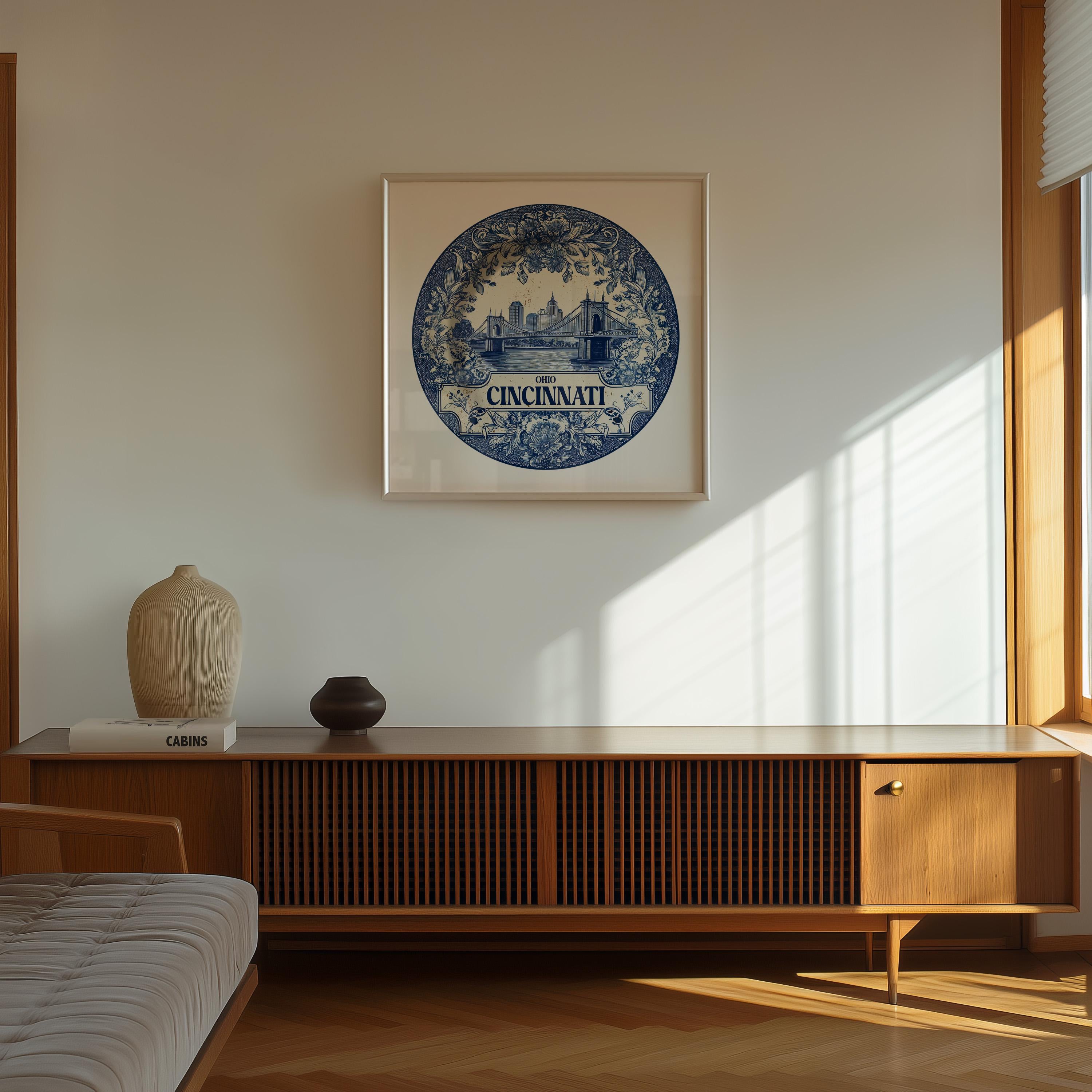 Cincinnati Ohio Wall Art, Vintage Delft Blue Poster, City Print, Travel Home Decor