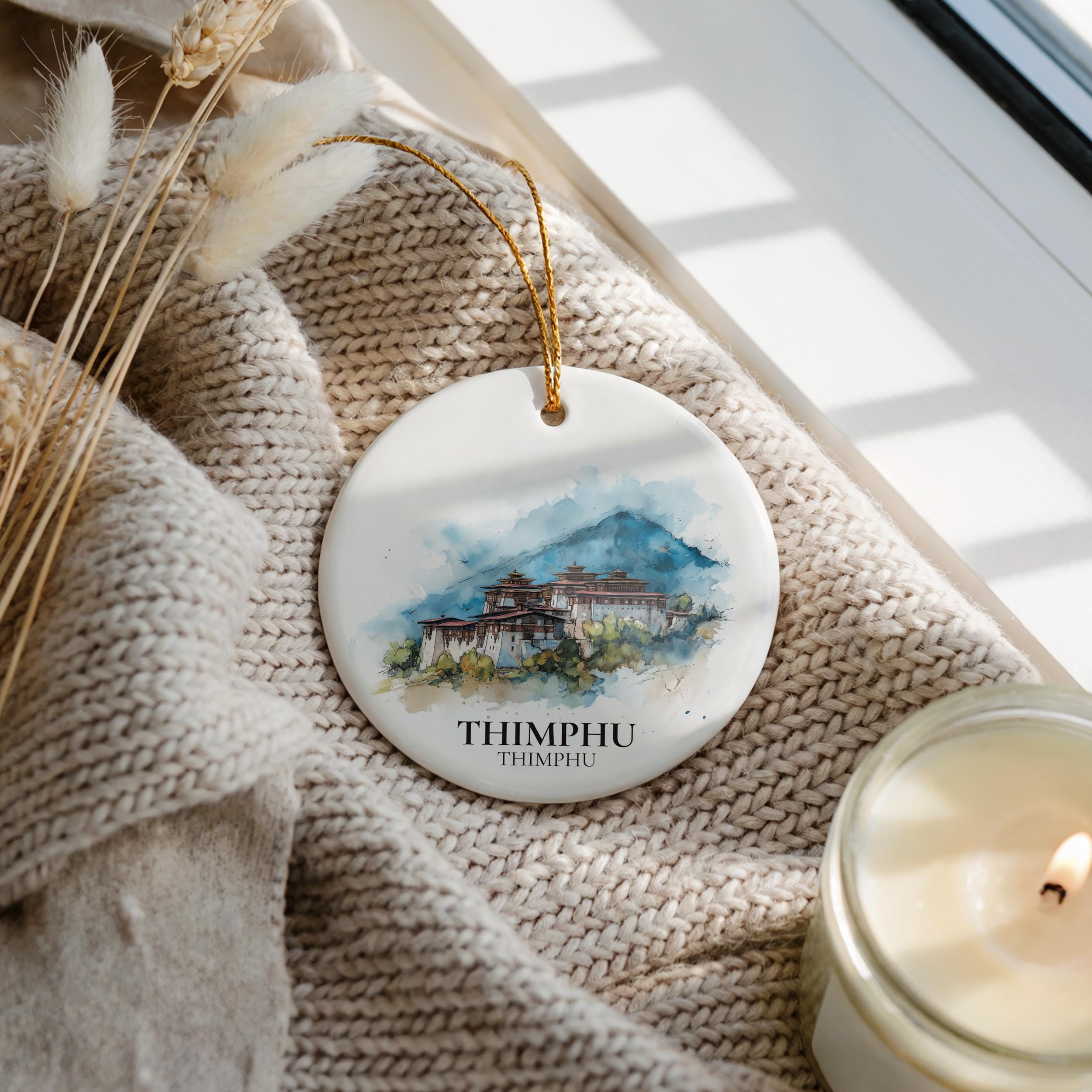 Thimphu Bhutan Personalized Watercolor Ornament, Custom Ceramic Christmas gift, Travel Keepsake