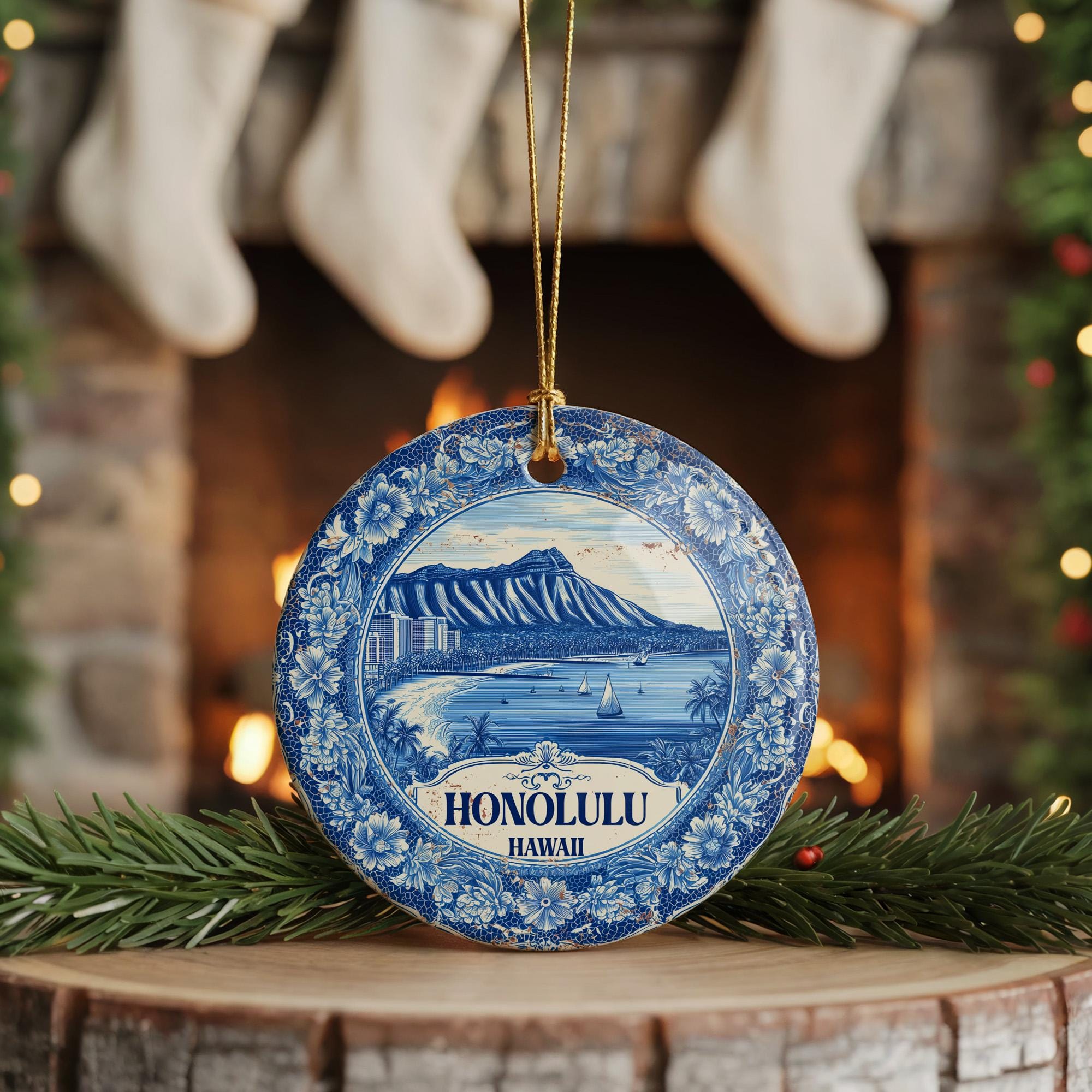 Custom Honolulu Hawaii Ceramic Delft Ornament, Christmas Delftware Blue Delftware city travel