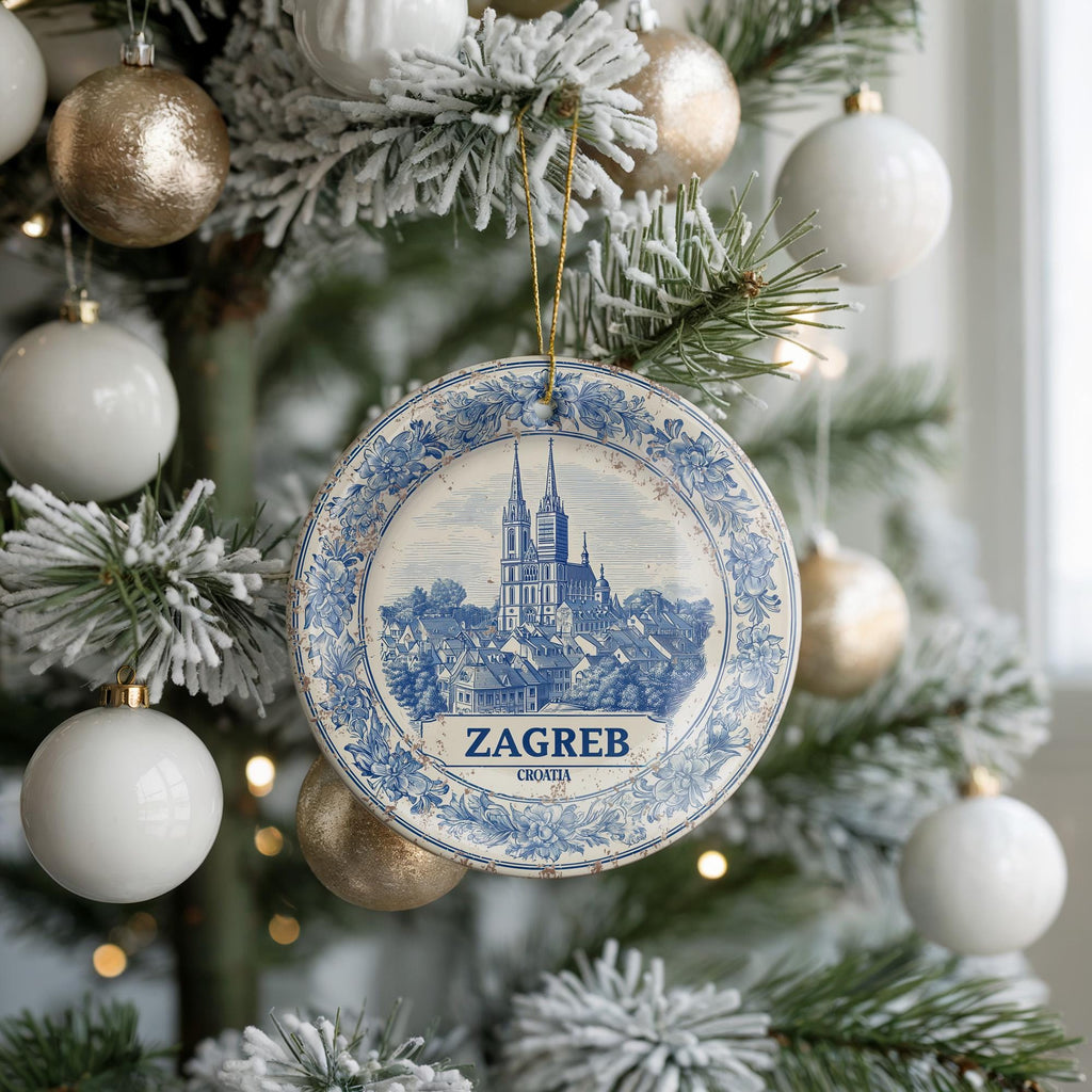 Custom Zagreb Croatia Ceramic Delft Ornament, Christmas Delftware Blue Delftware city travel