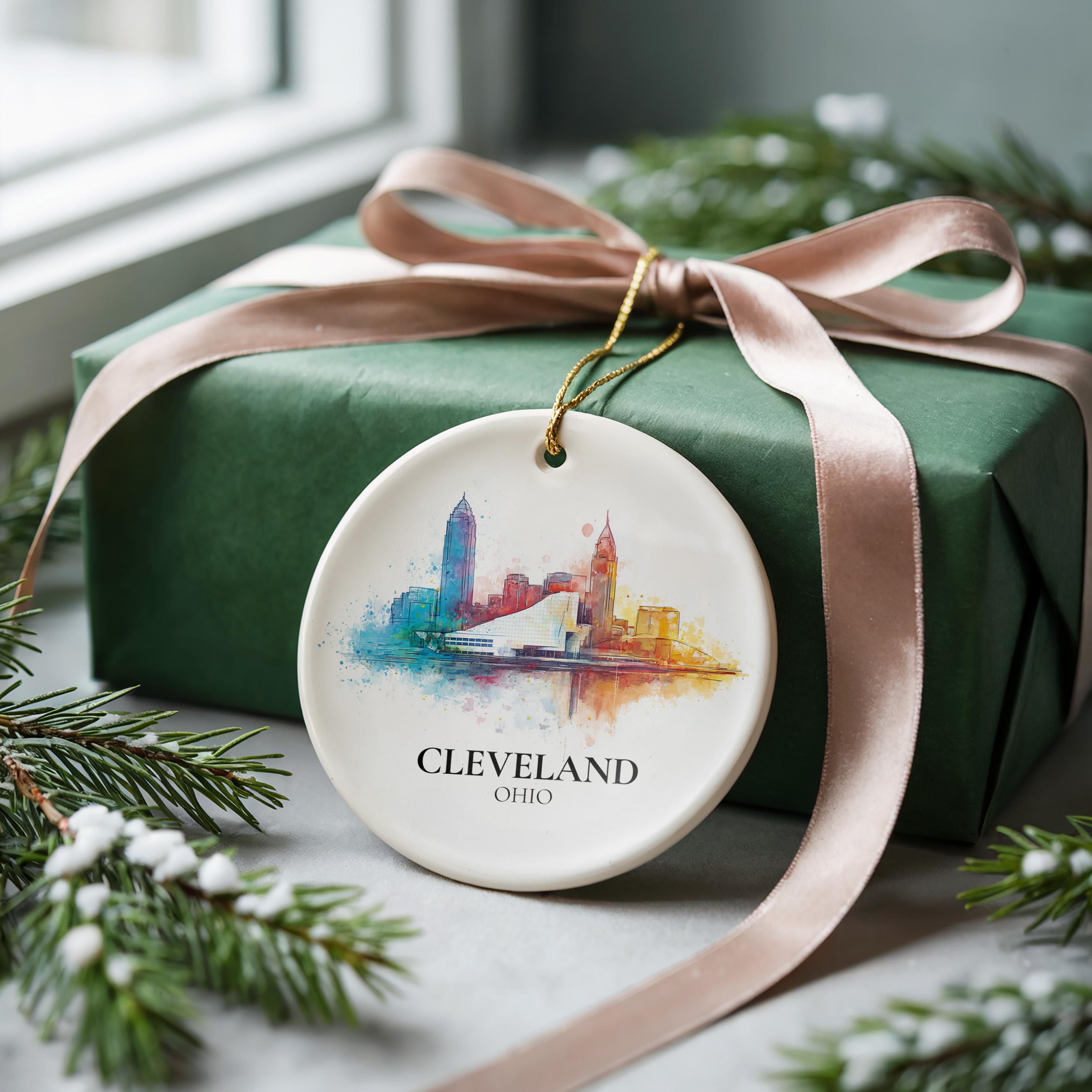 Cleveland Ohio Personalized Watercolor Ornament, Custom Ceramic Christmas gift, Travel Keepsake