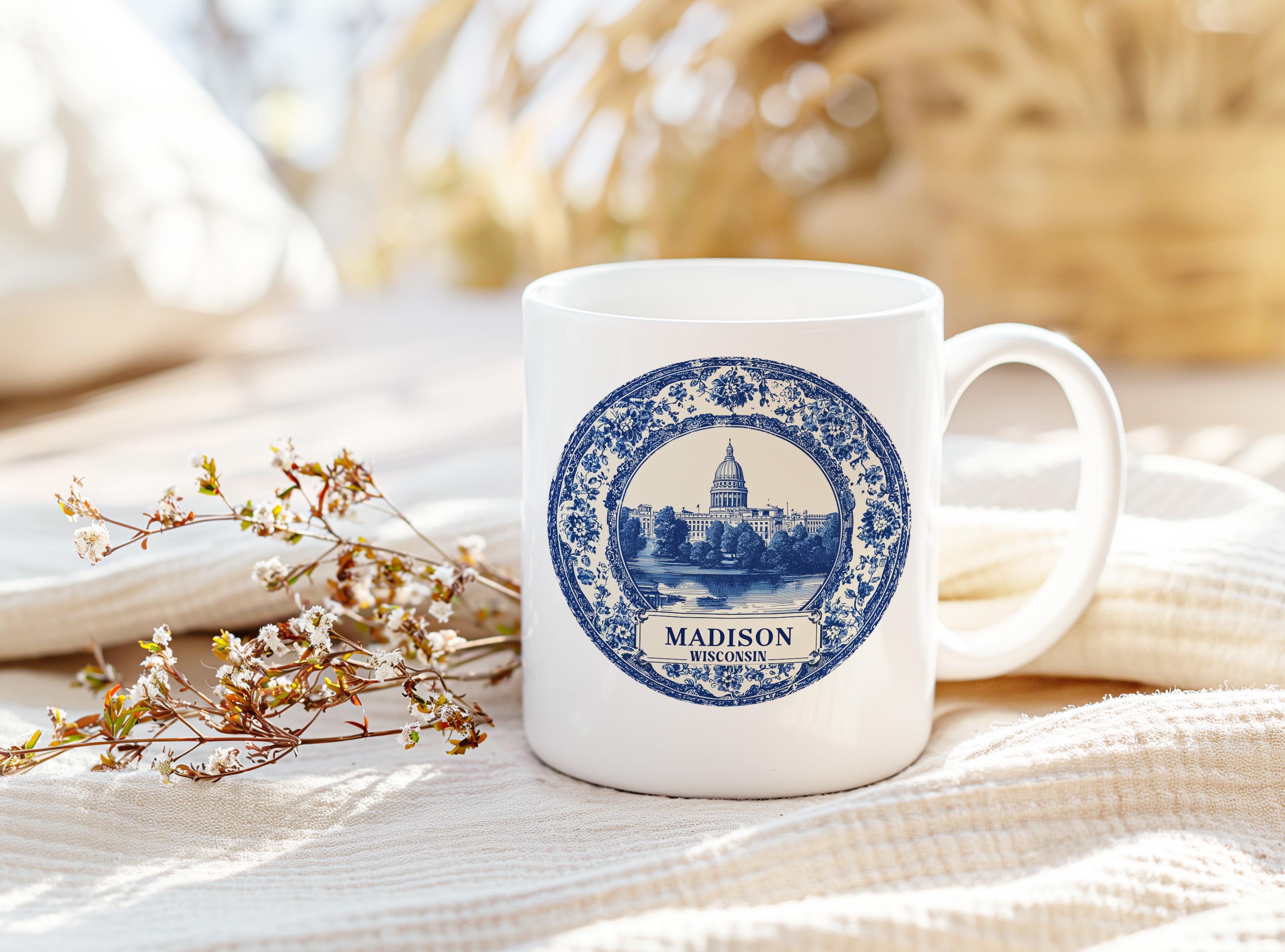 Madison Wisconsin Mug, Custom Delft Style cup, Personalized Vintage Travel City Gift