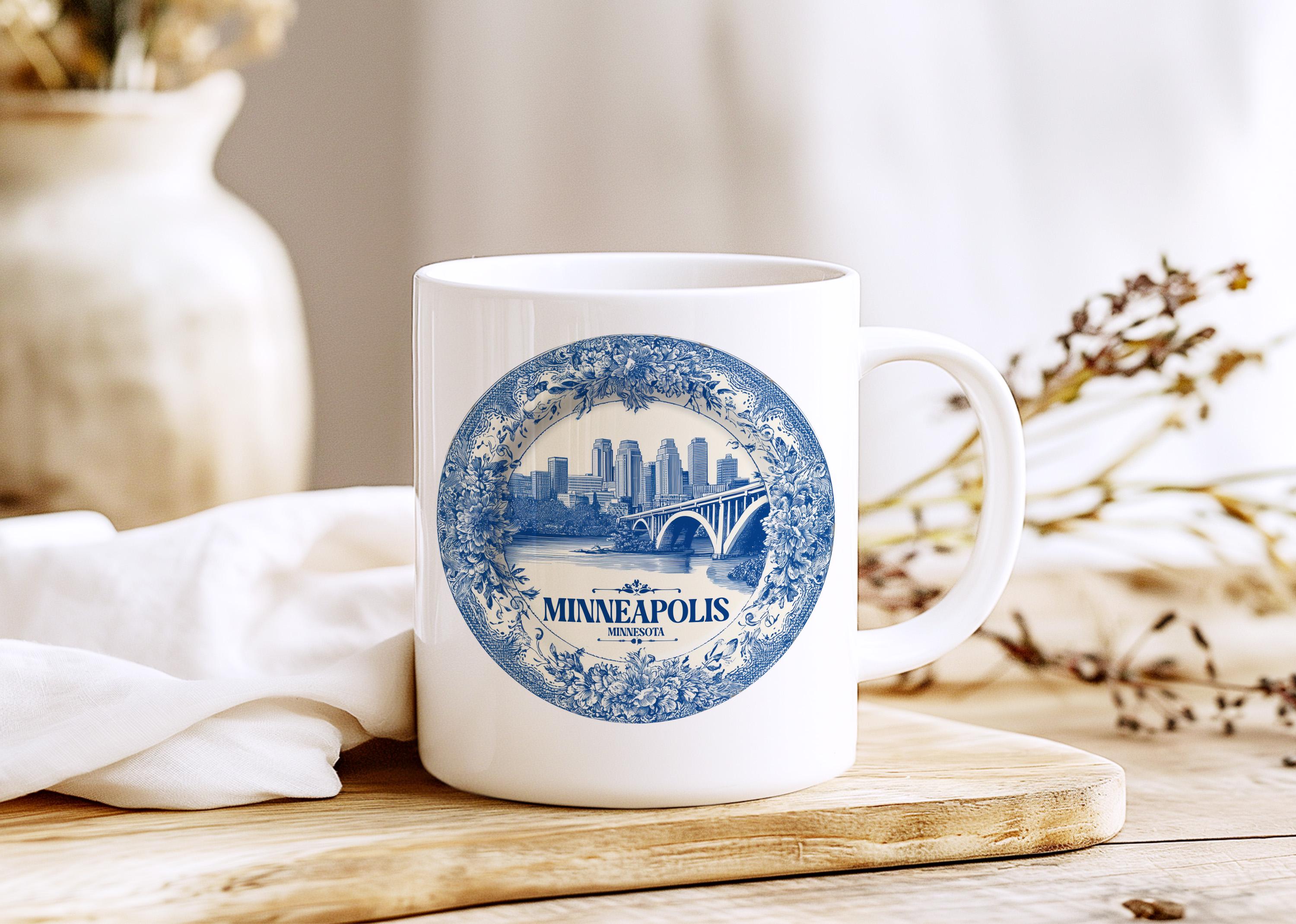 Minneapolis Minnesota Mug, Custom Delft Style cup, Personalized Vintage Travel City Gift