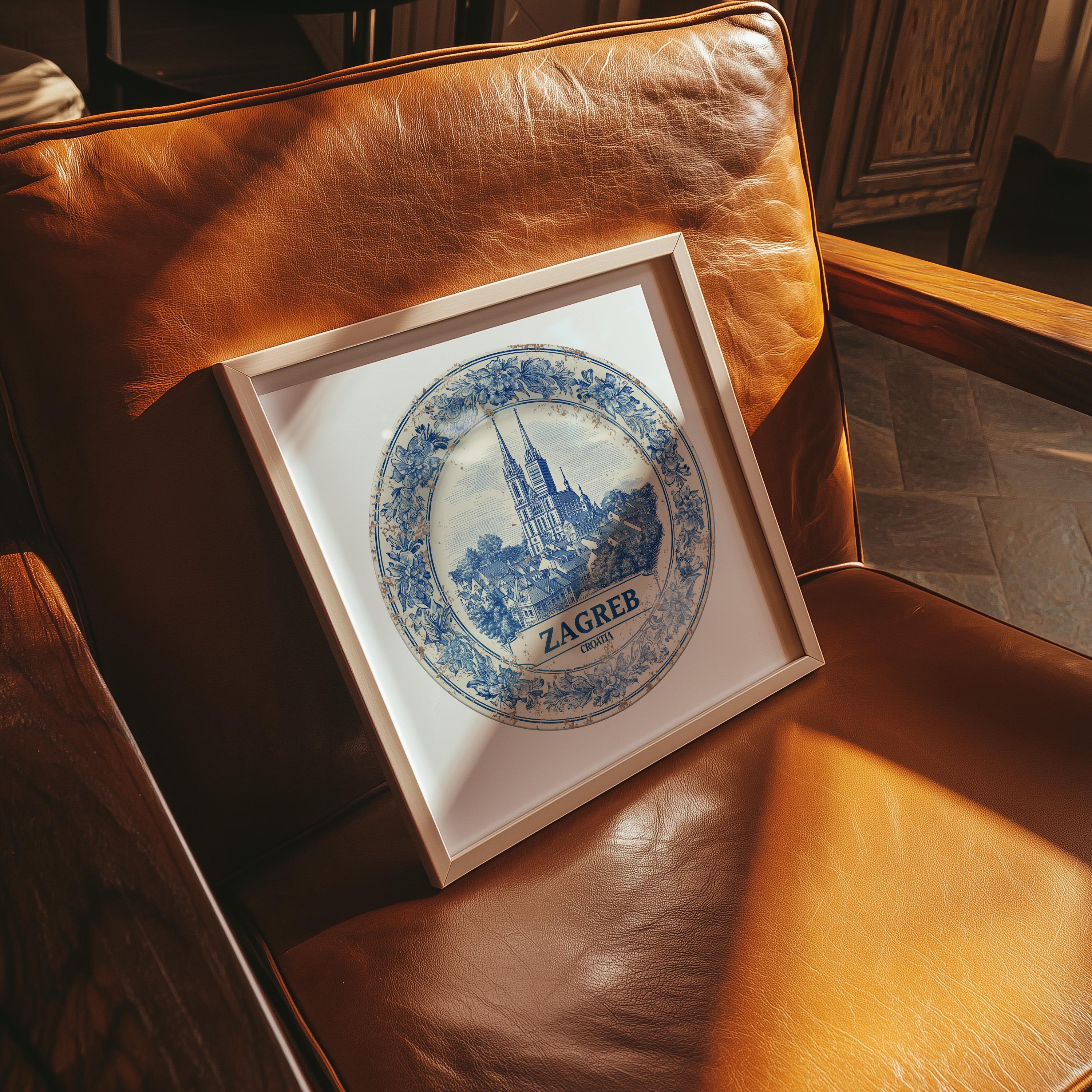 Zagreb Croatia Wall Art, Vintage Delft Blue Poster, City Print, Travel Home Decor