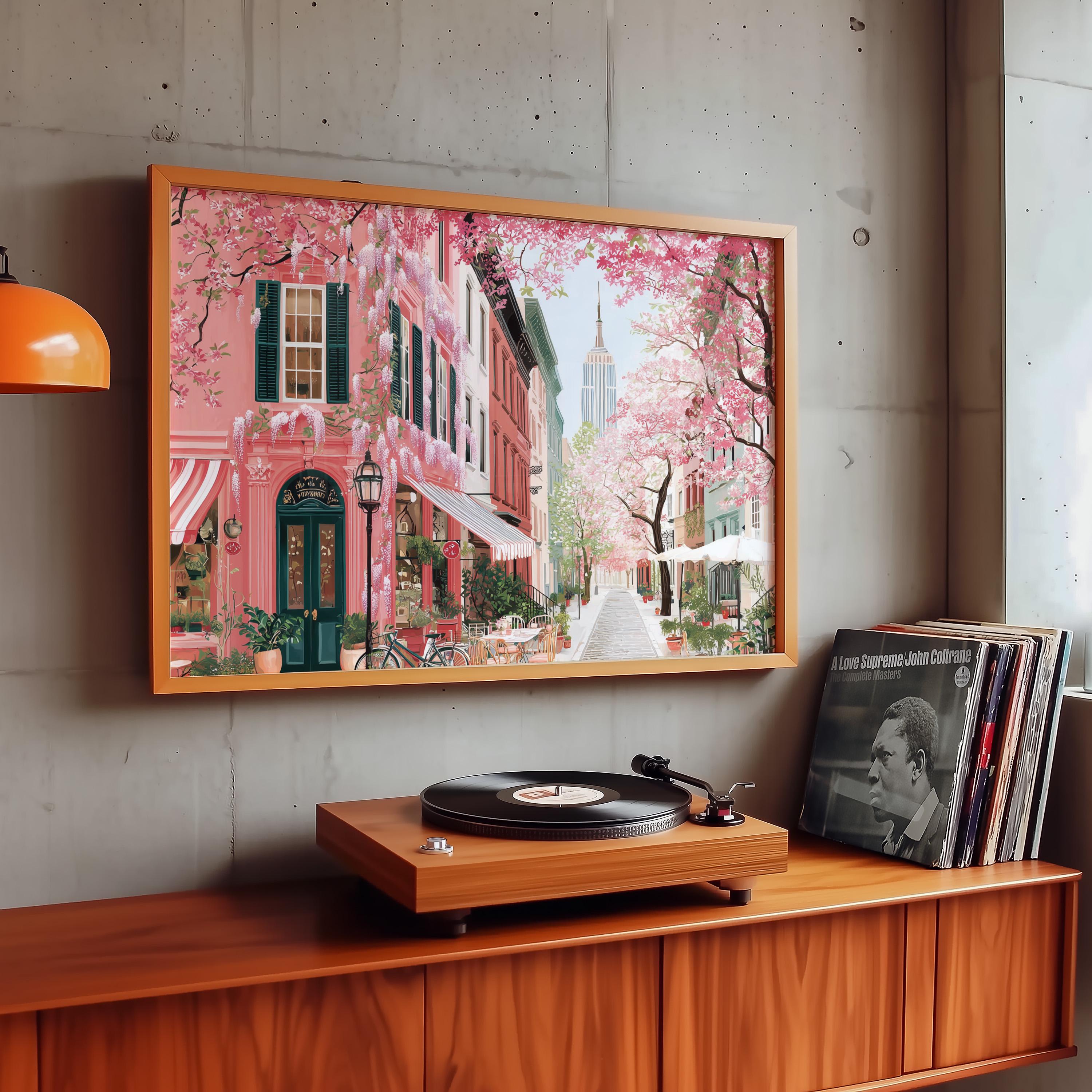New York Spring Wall Art, Cherry Blossom Floral Empire State Travel Gift Decor Print
