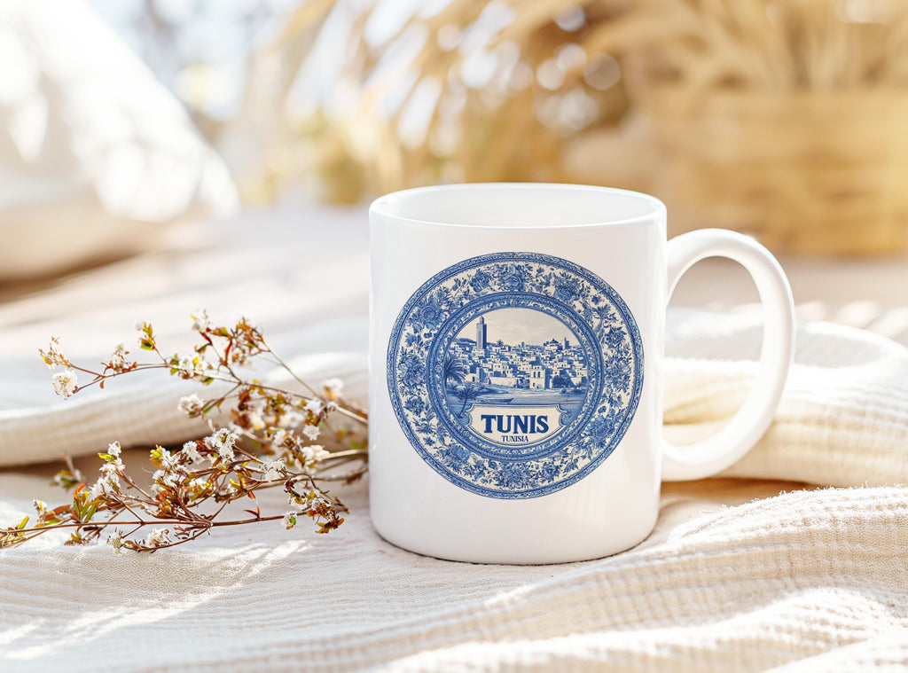 Tunis Tunisia Mug, Custom Delft Style cup, Personalized Vintage Travel City Gift