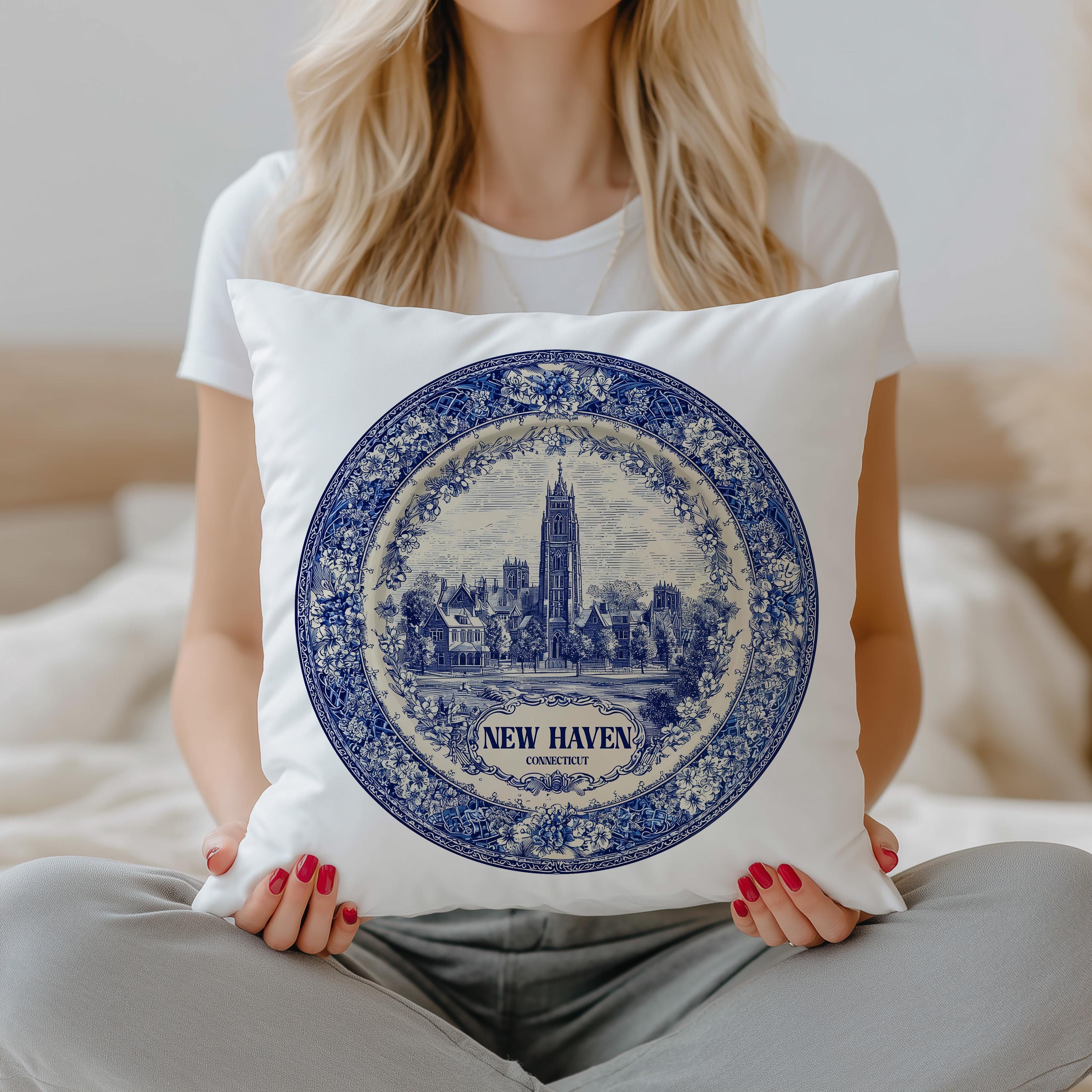 New Haven Connecticut Pillowcase, Delft Style Decorative Throw Pillow, Vintage Cityscape Retro Home Decor