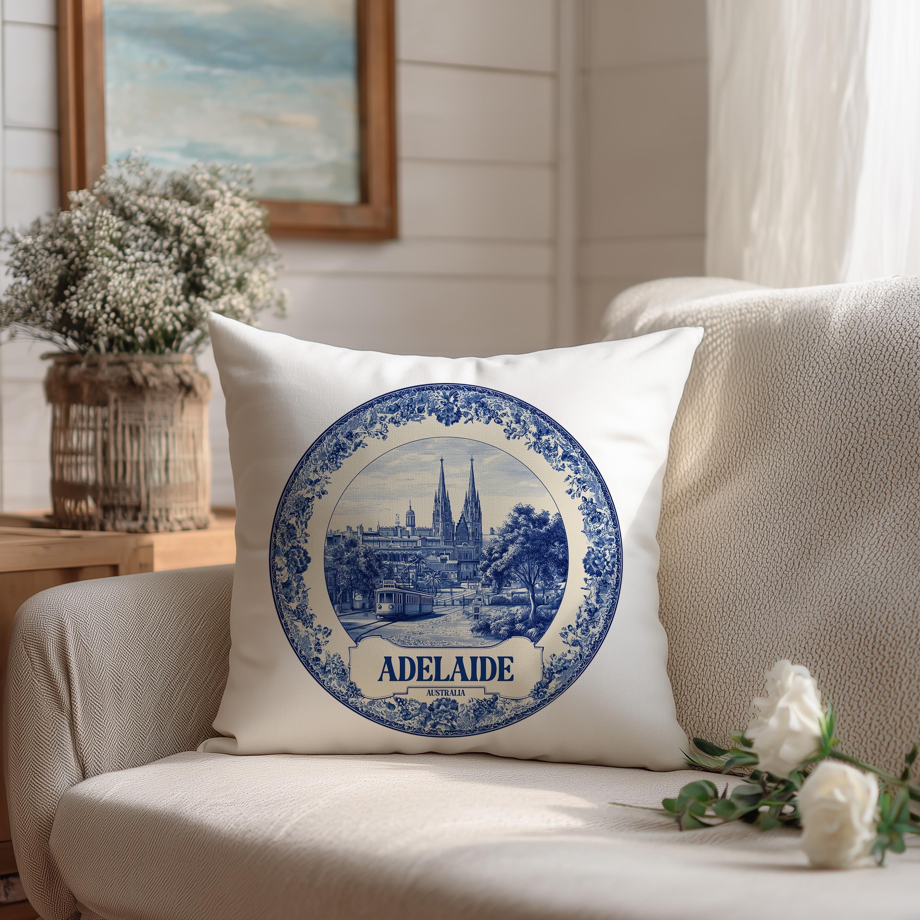 Adelaide Australia Pillowcase, Delft Style Decorative Throw Pillow, Vintage Cityscape Retro Home Decor