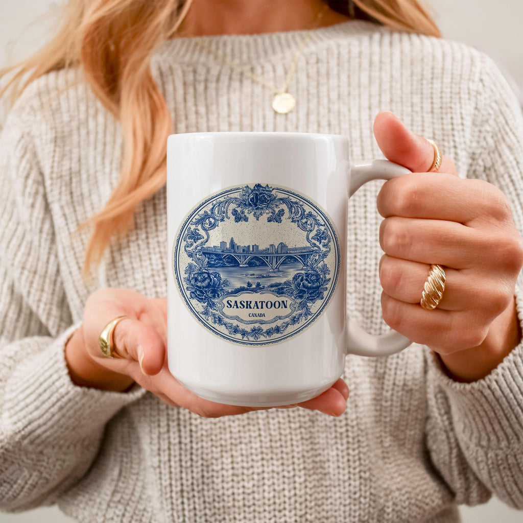 Saskatoon Canada Mug, Custom Delft Style cup, Personalized Vintage Travel City Gift