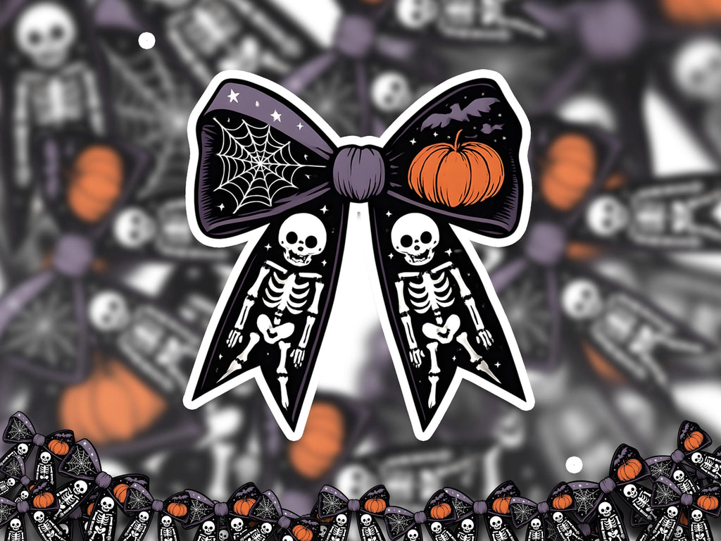 Spooky Bow Sticker, Halloween Skeleton Pumpkin Ghost Decal, Cute Black Vintage Aesthetic Gift Sticker,