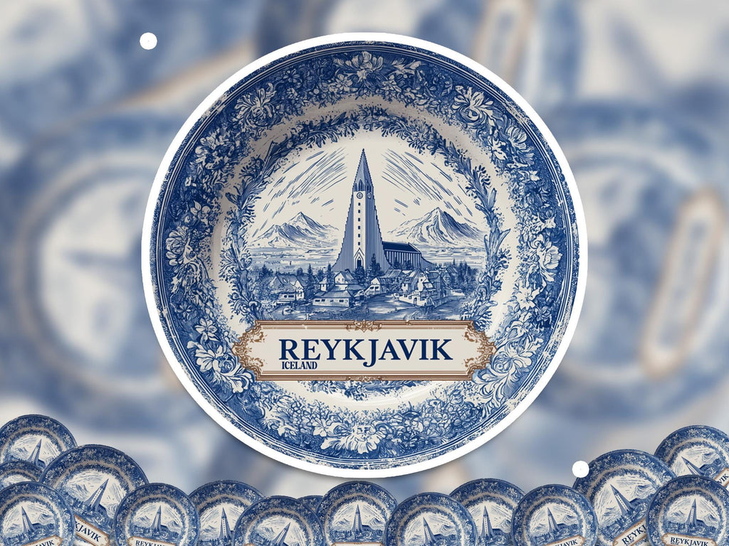 Reykjavik Iceland Sticker Vintage Delft style, Delftware Decal Waterproof Vinyl, Blue City Travel
